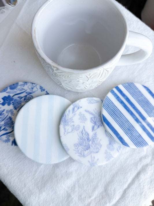 Coastal Blue Stripe and Floral Beverage Coasters | Set of 4 Table Coasters