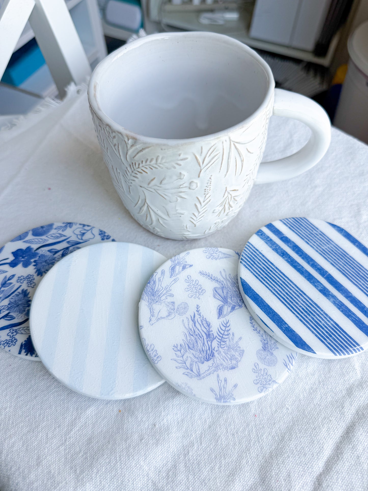 Coastal Blue Stripe and Floral Beverage Coasters | Set of 4 Table Coasters