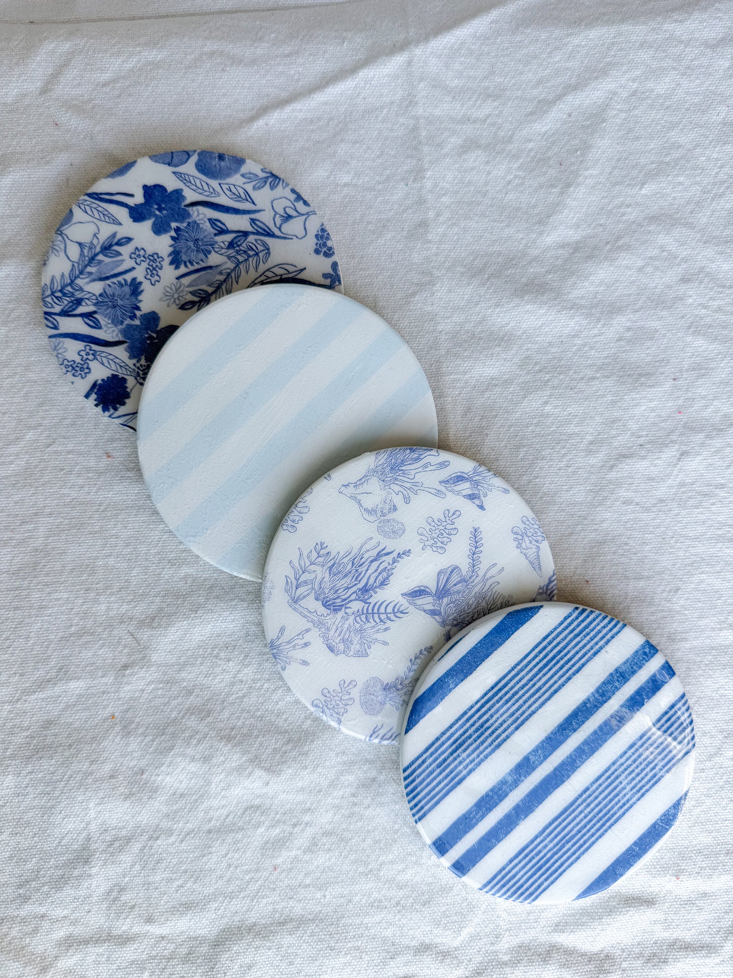 Coastal Blue Stripe and Floral Beverage Coasters | Set of 4 Table Coasters