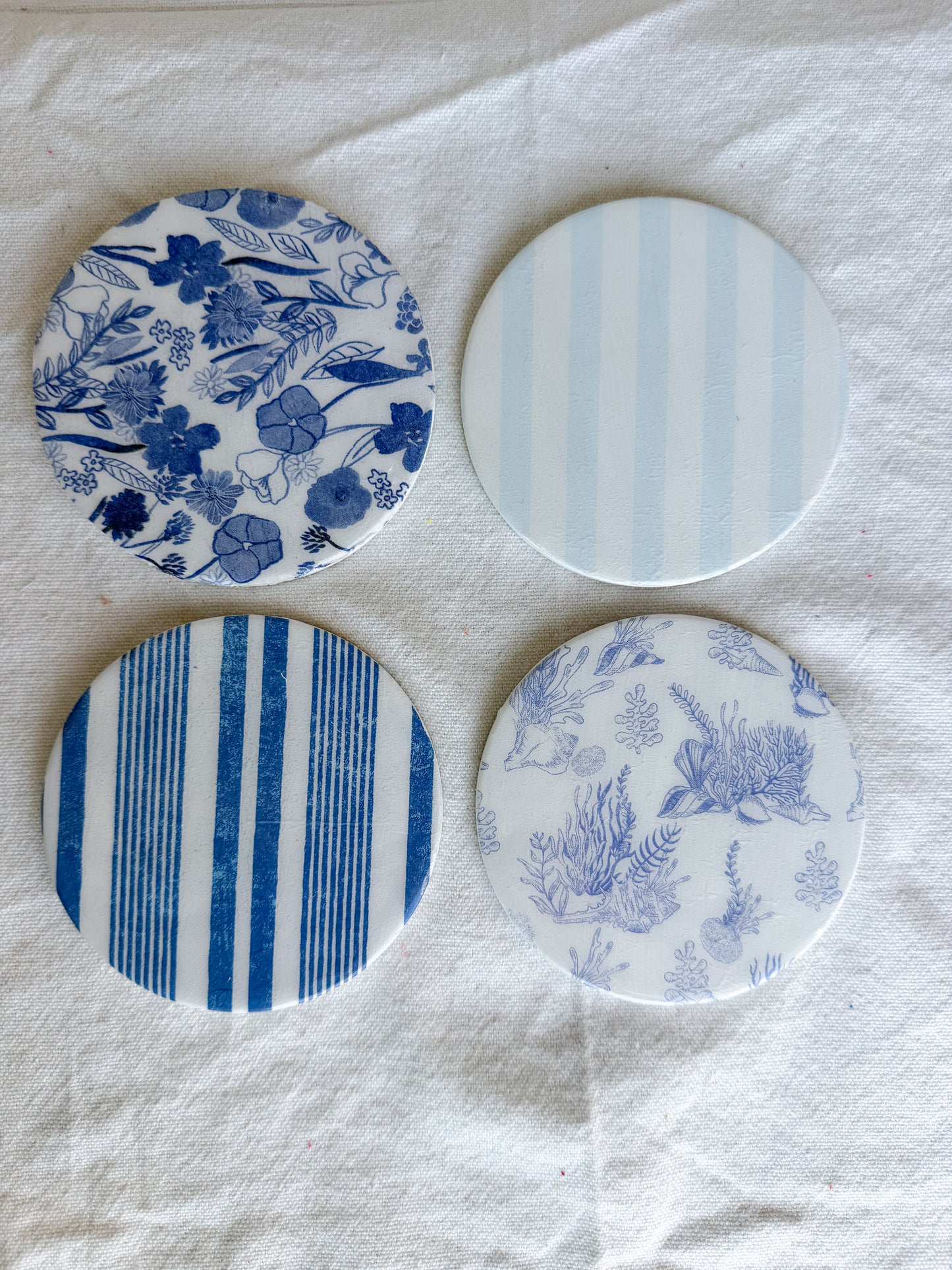 Coastal Blue Stripe and Floral Beverage Coasters | Set of 4 Table Coasters