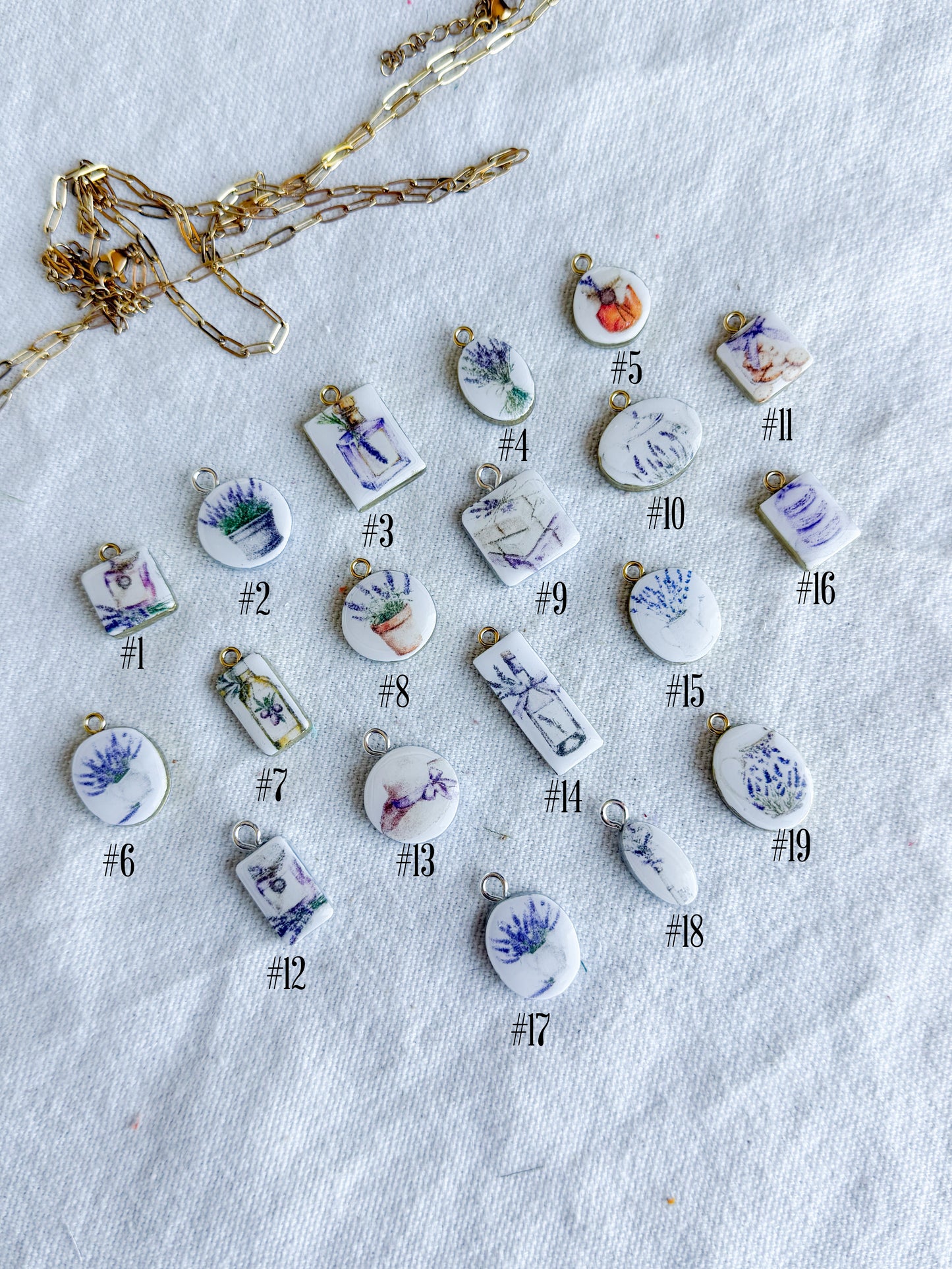 Lavender Themed Transfer Paper Designed Polymer Clay Charms