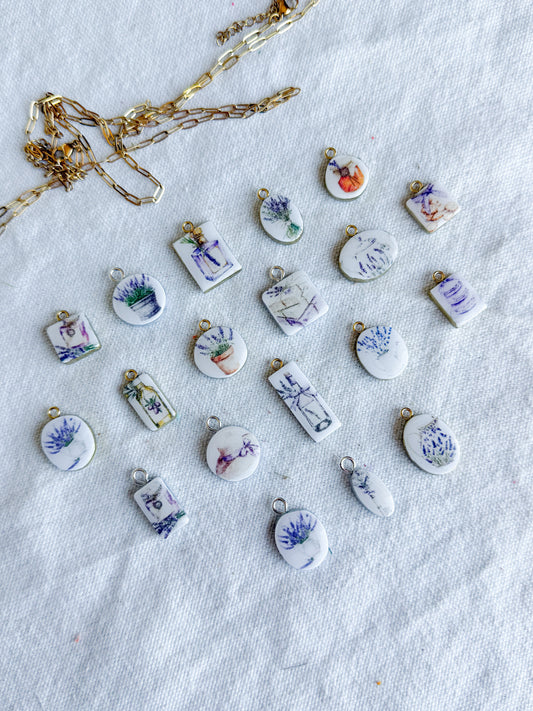 Lavender Themed Transfer Paper Designed Polymer Clay Charms