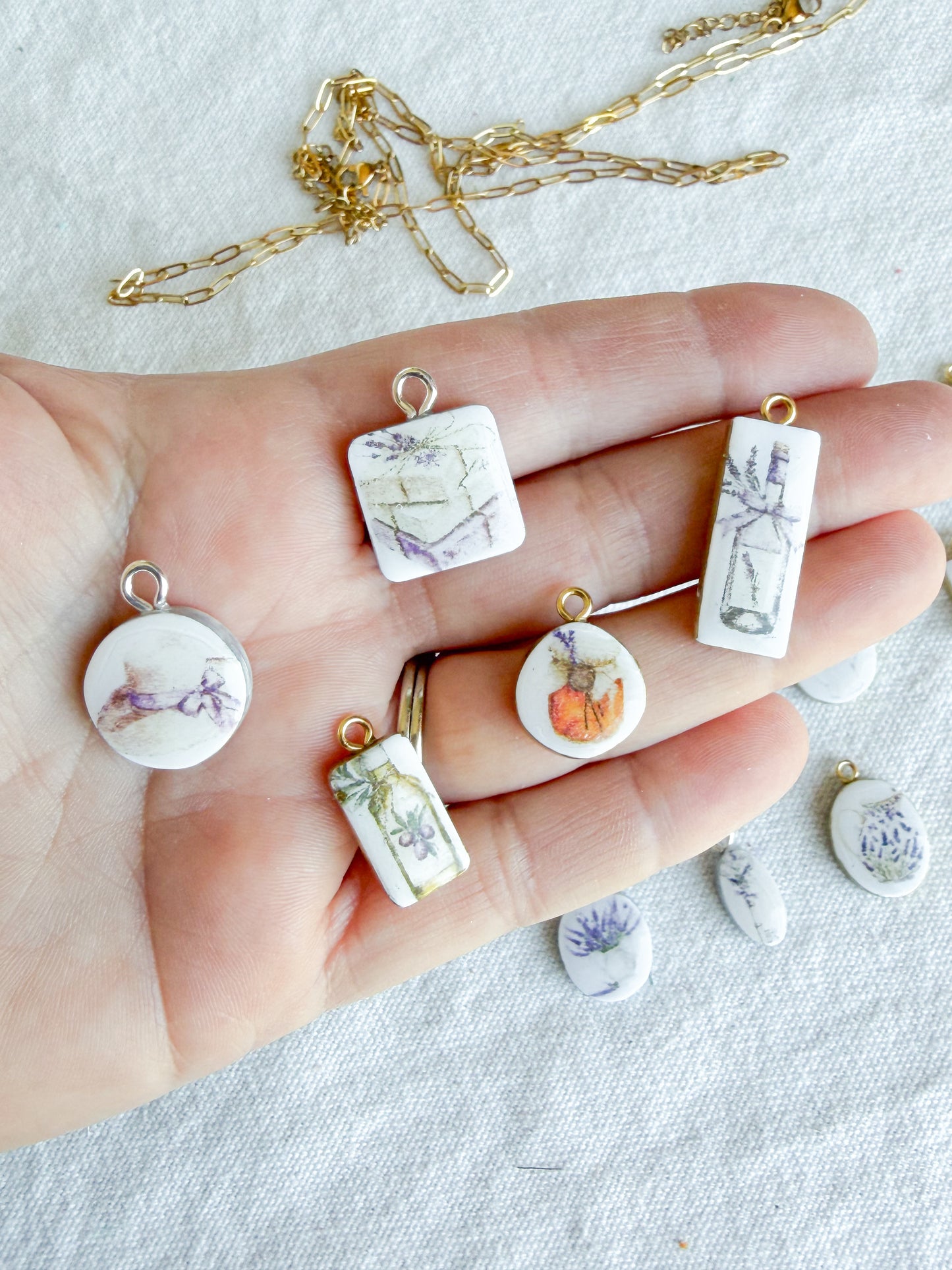 Lavender Themed Transfer Paper Designed Polymer Clay Charms