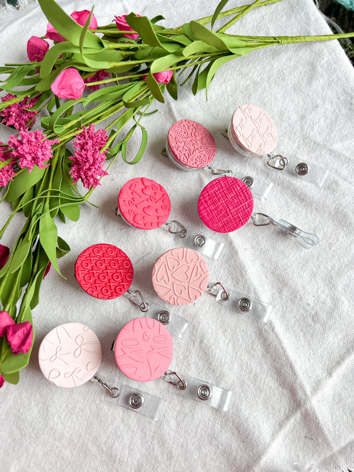 Colorful Textured Valentine's Day Polymer Clay Badges | Nurse and Teacher Retractable Badges