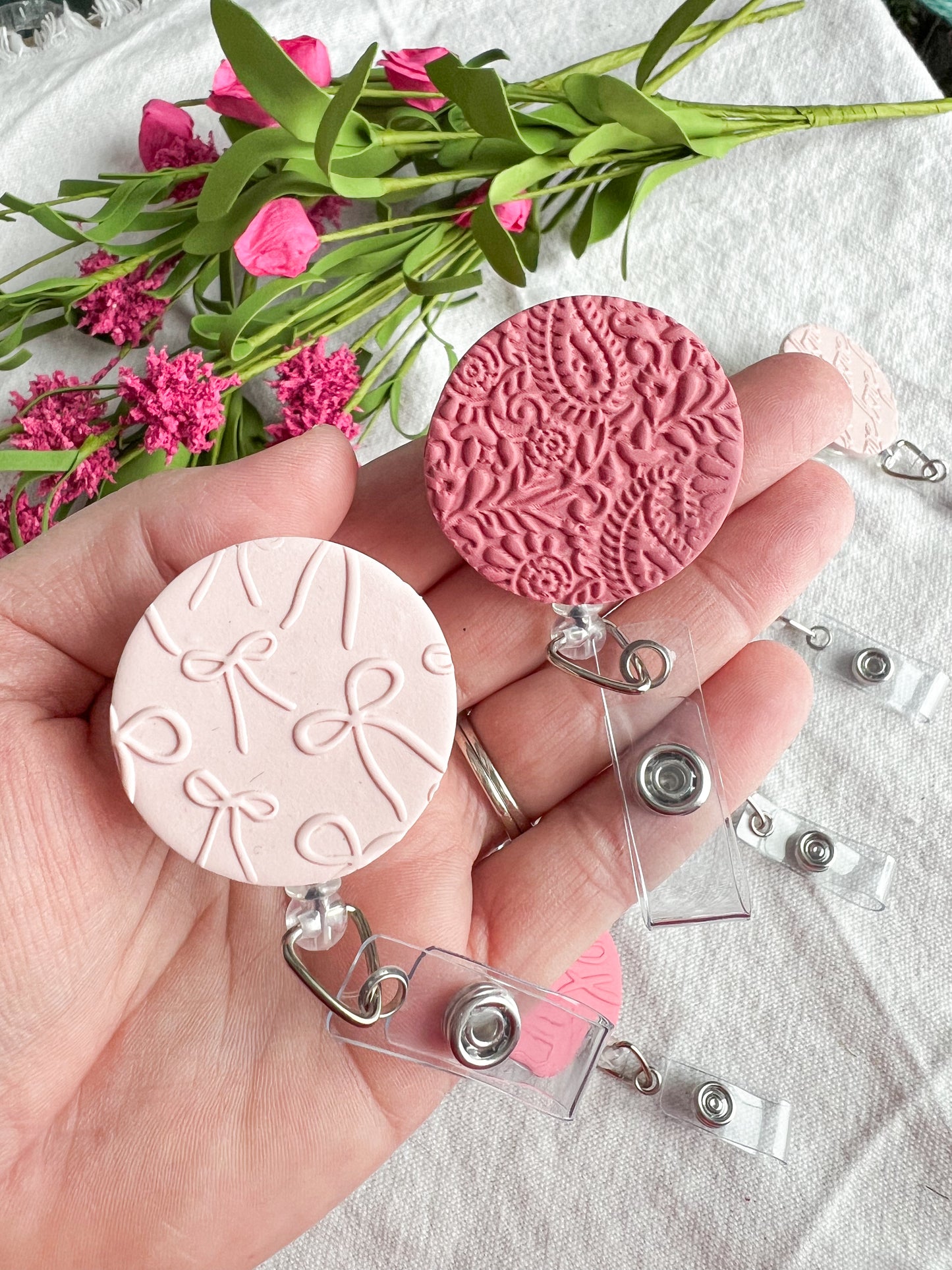 Colorful Textured Valentine's Day Polymer Clay Badges | Nurse and Teacher Retractable Badges