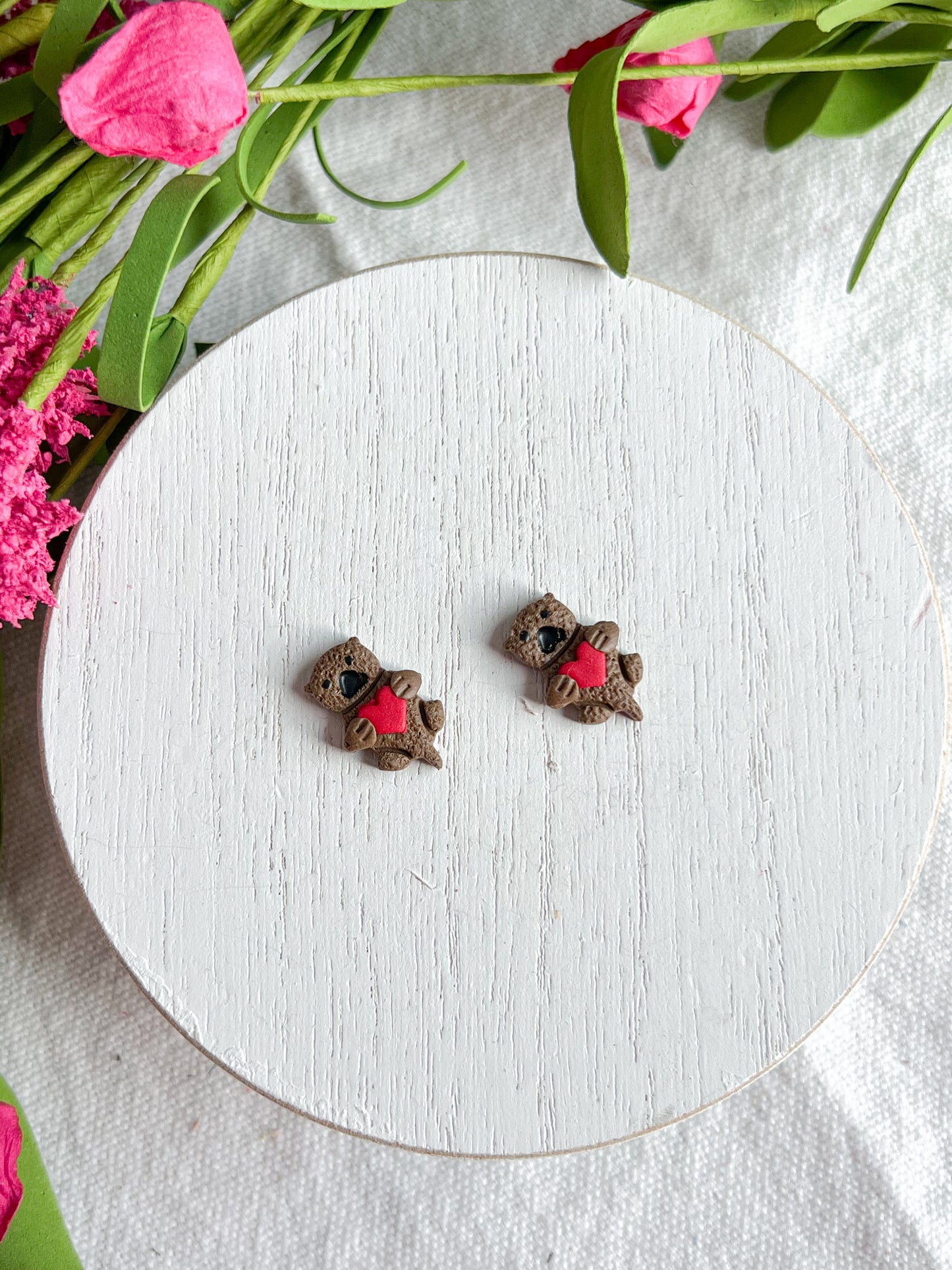 Baby Otter Holding Heart Polymer Clay Studs