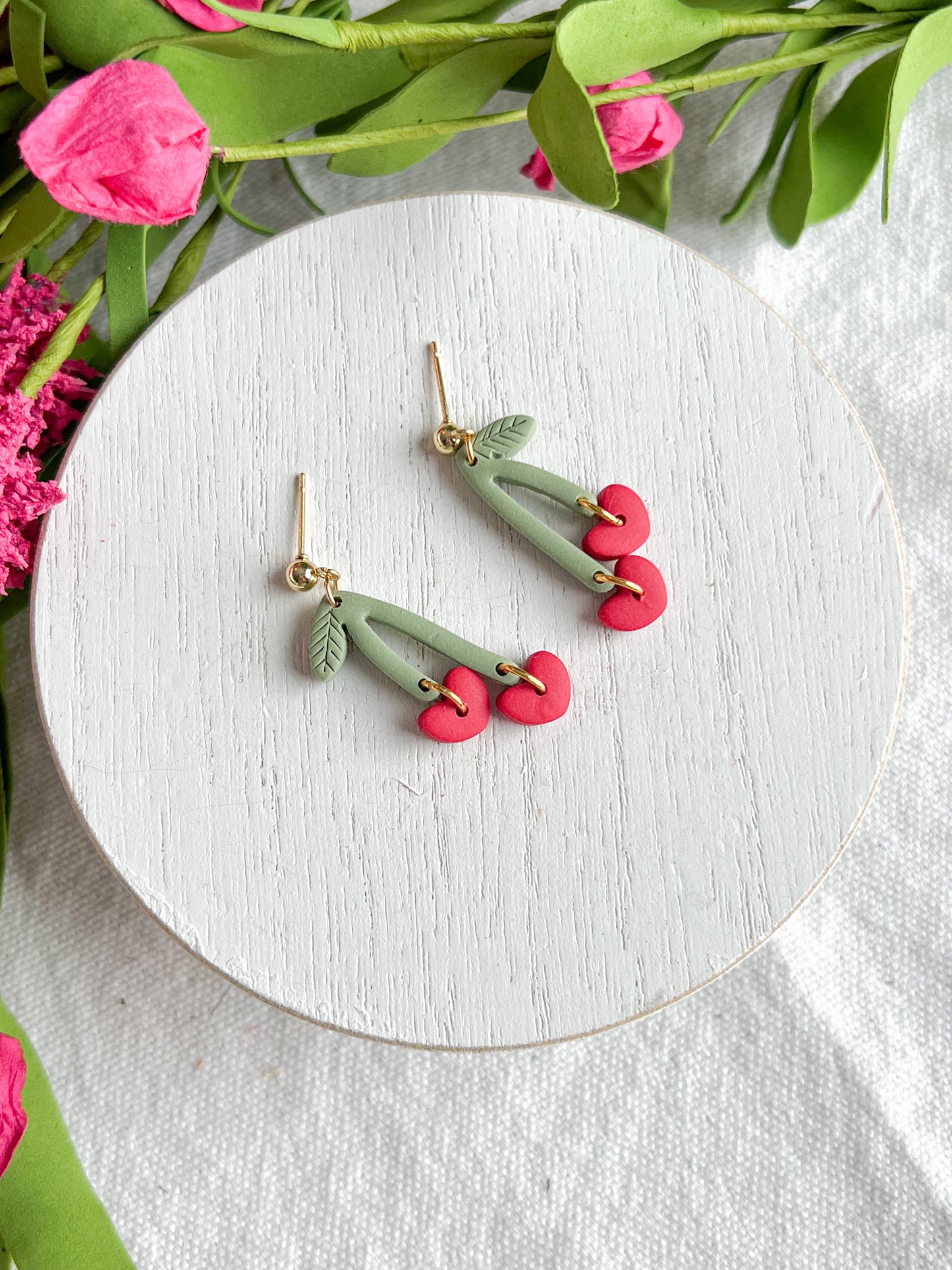 Cherry Hearts on Stem Polymer Clay Dangles