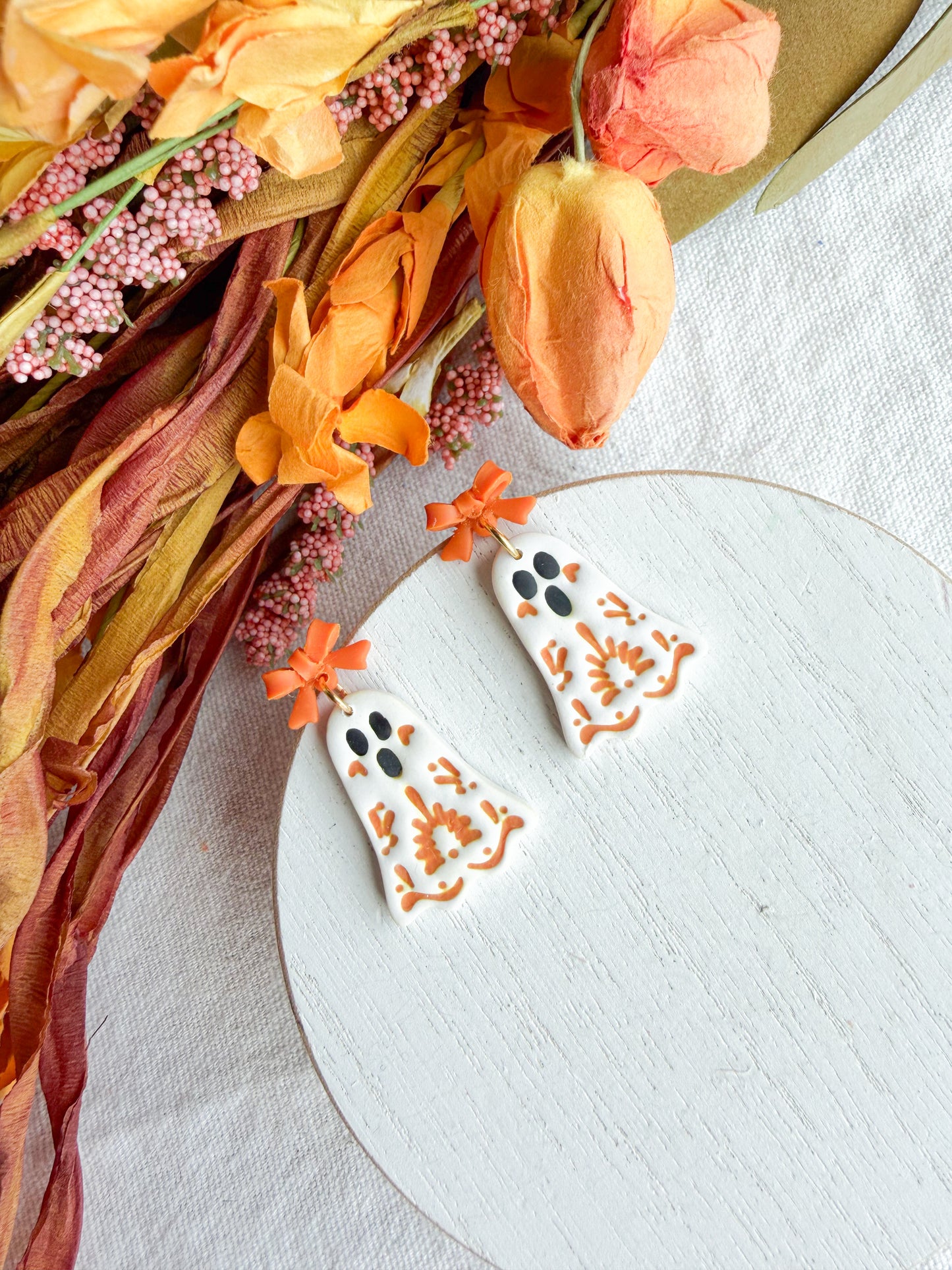 Folk Art Floral Ghost Polymer Clay Dangles | Fall Earrings