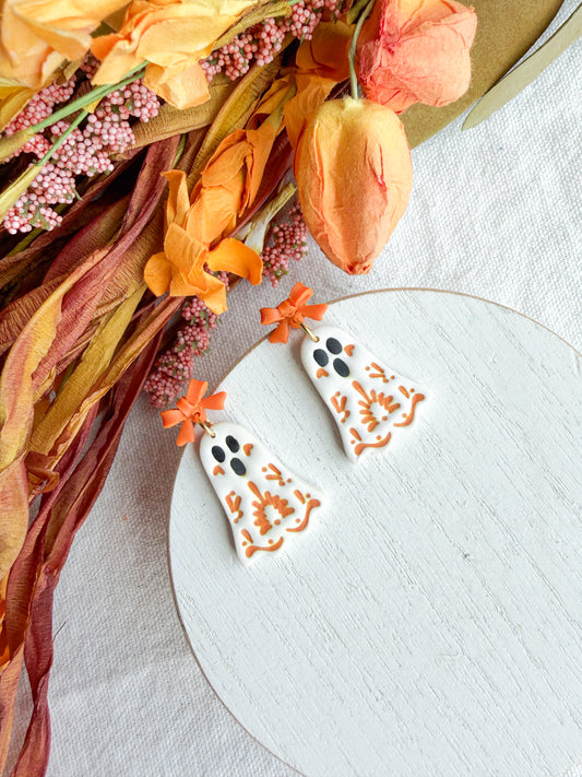Folk Art Floral Ghost Polymer Clay Dangles | Fall Earrings