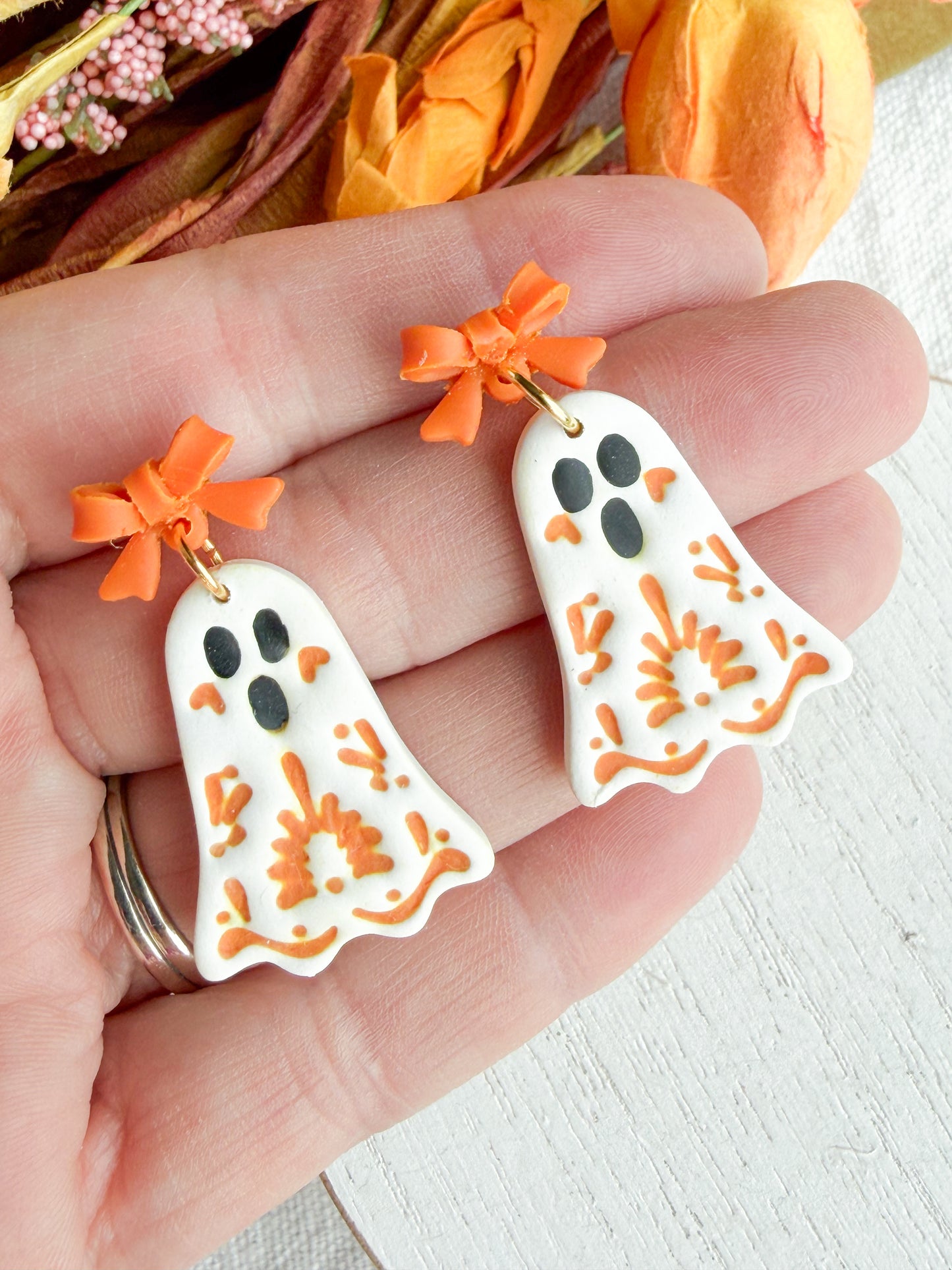 Folk Art Floral Ghost Polymer Clay Dangles | Fall Earrings