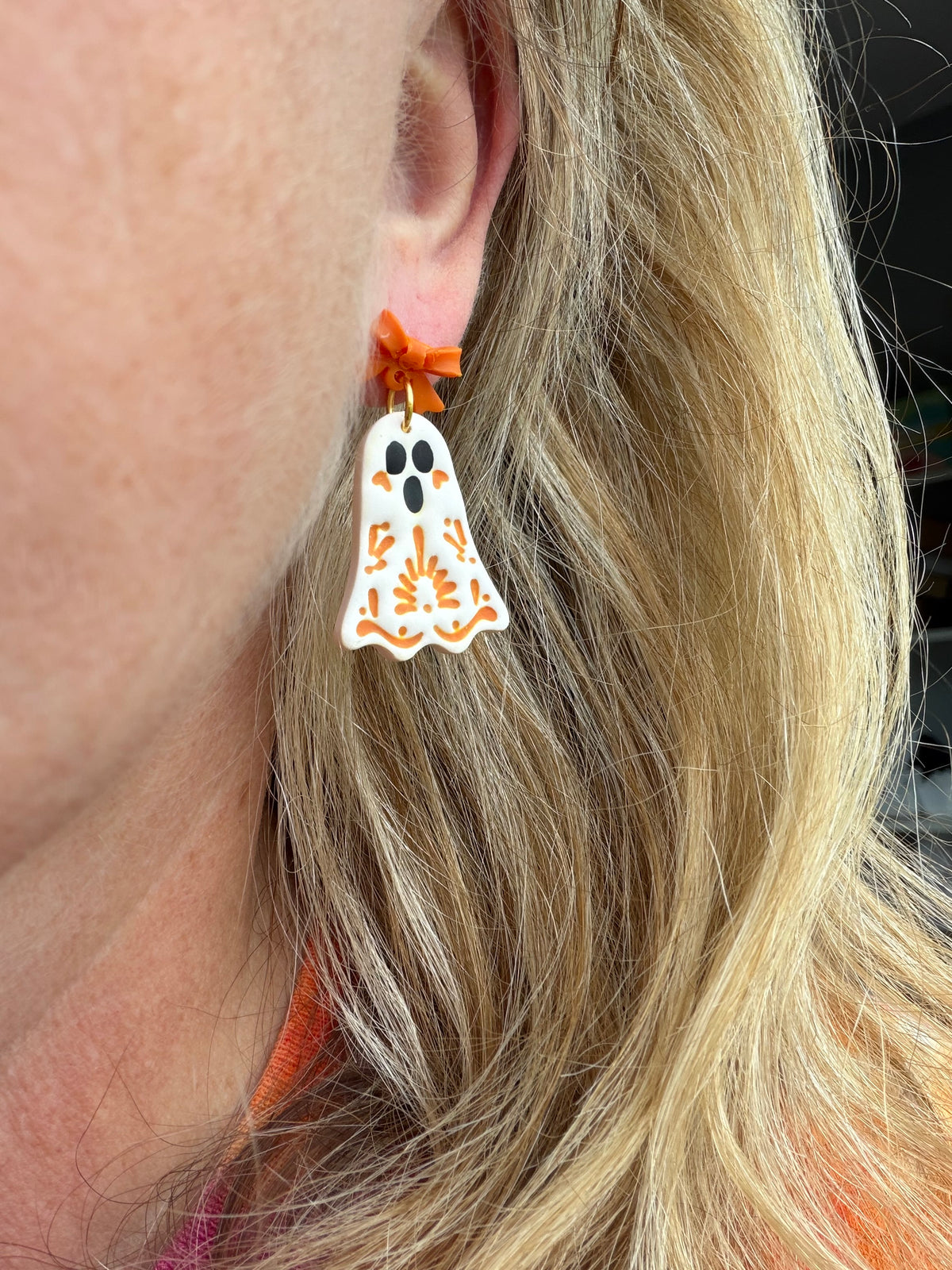Folk Art Floral Ghost Polymer Clay Dangles | Fall Earrings