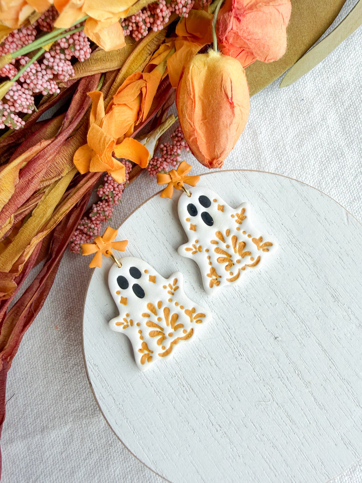 Folk Art Haunted Ghost Polymer Clay Dangles | Fall Earrings