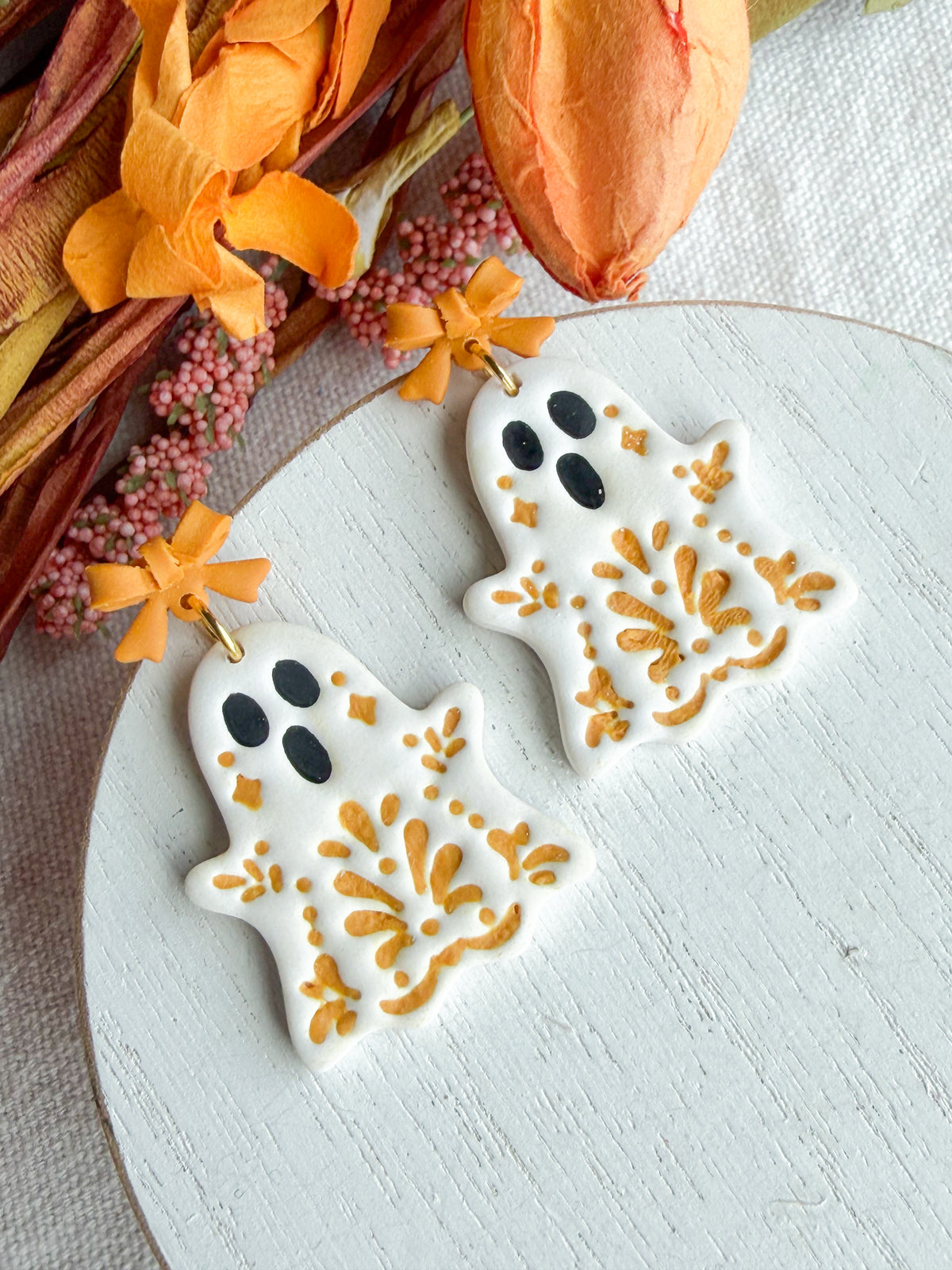 Folk Art Haunted Ghost Polymer Clay Dangles | Fall Earrings