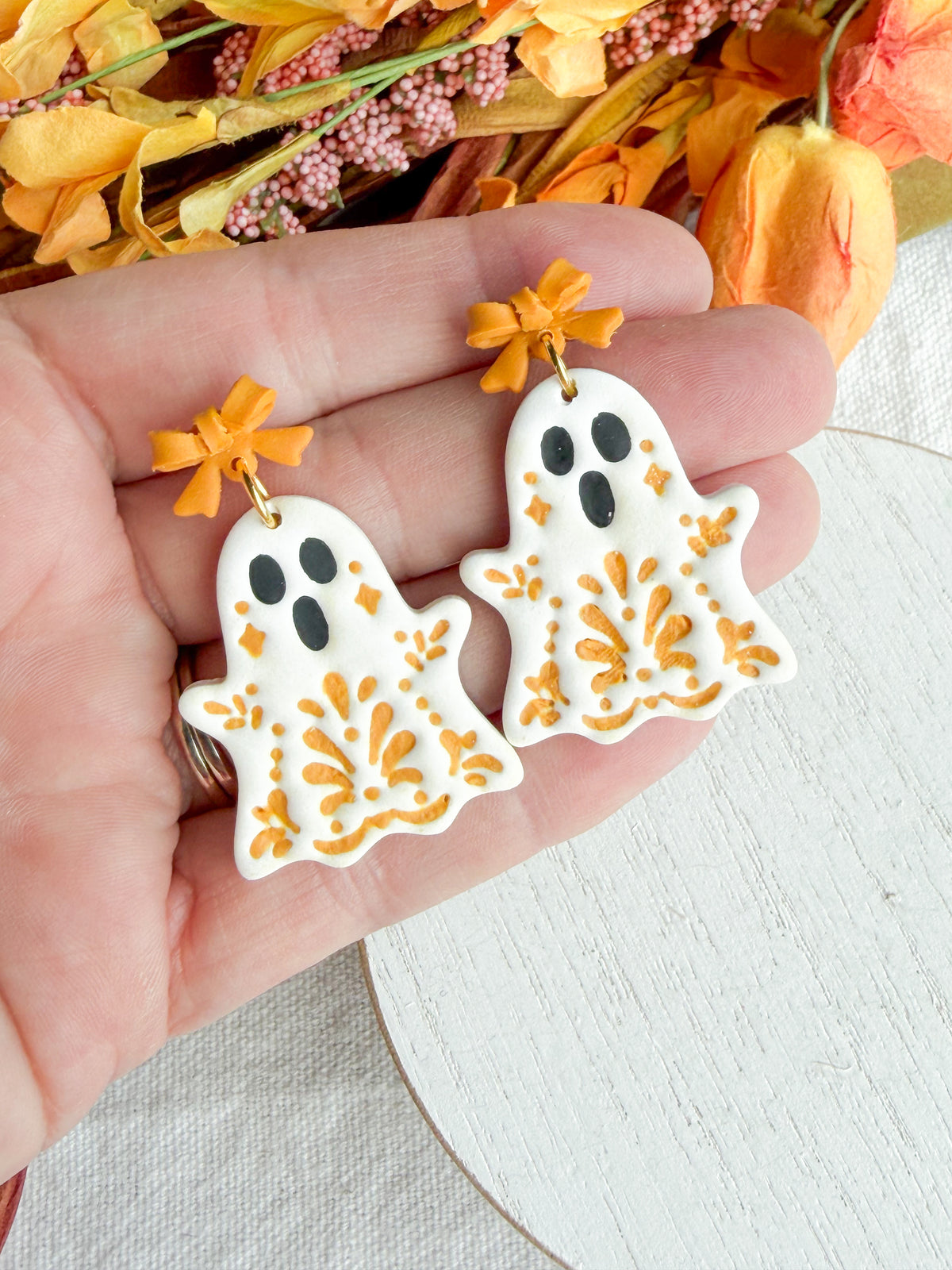 Folk Art Haunted Ghost Polymer Clay Dangles | Fall Earrings
