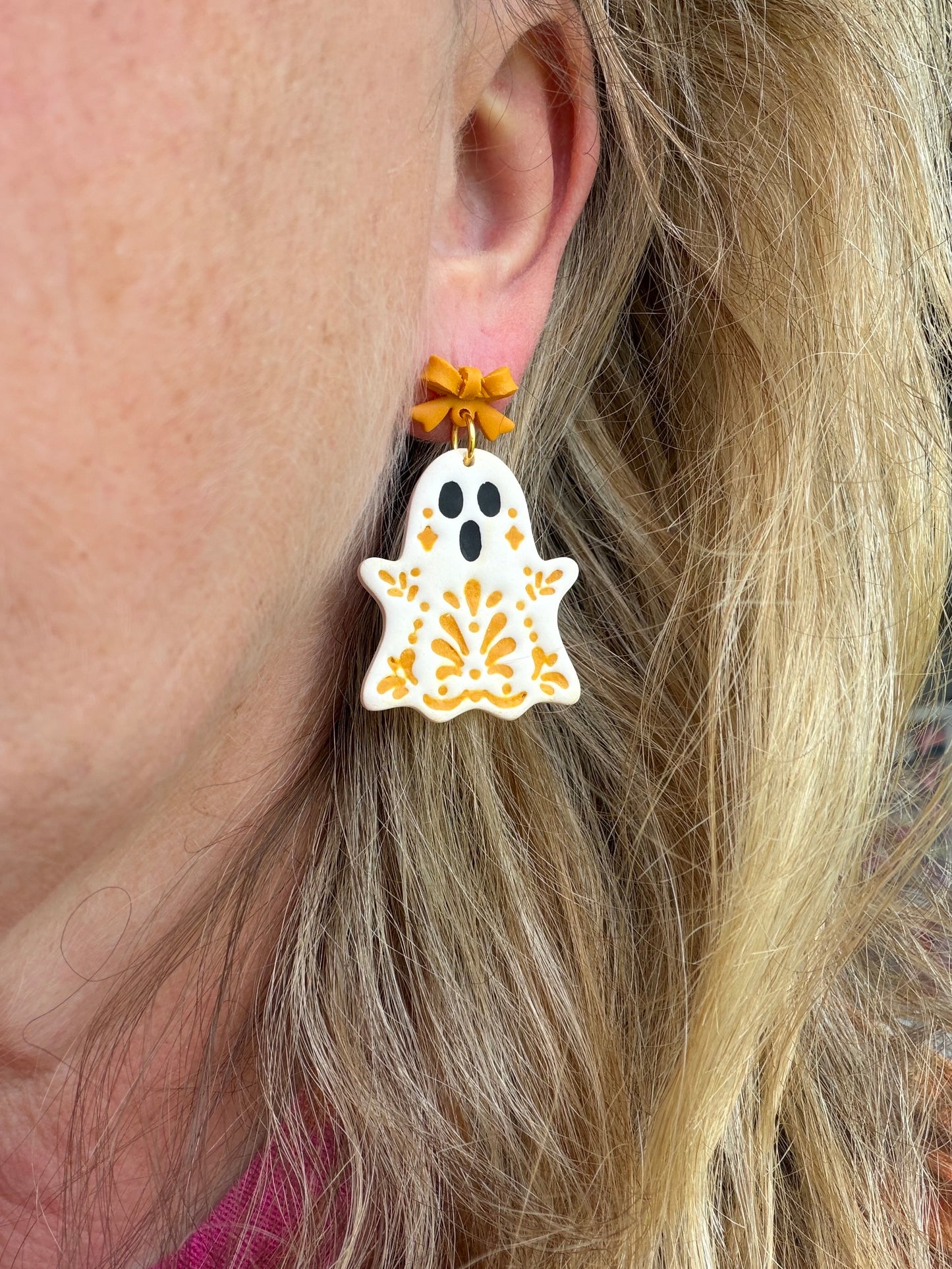 Folk Art Haunted Ghost Polymer Clay Dangles | Fall Earrings