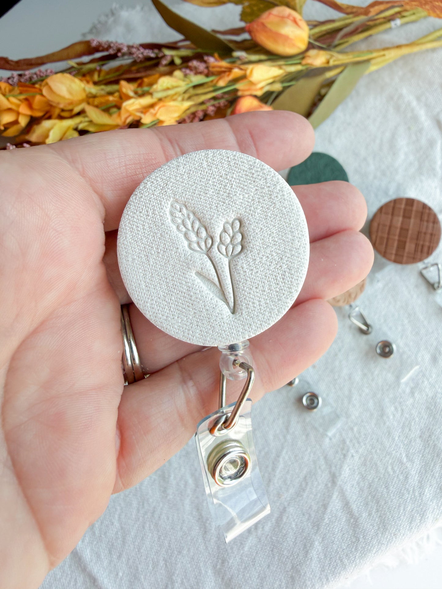 Nature Themed Polymer Clay ID Badge Reel: Nurse Teacher Autumn Colors