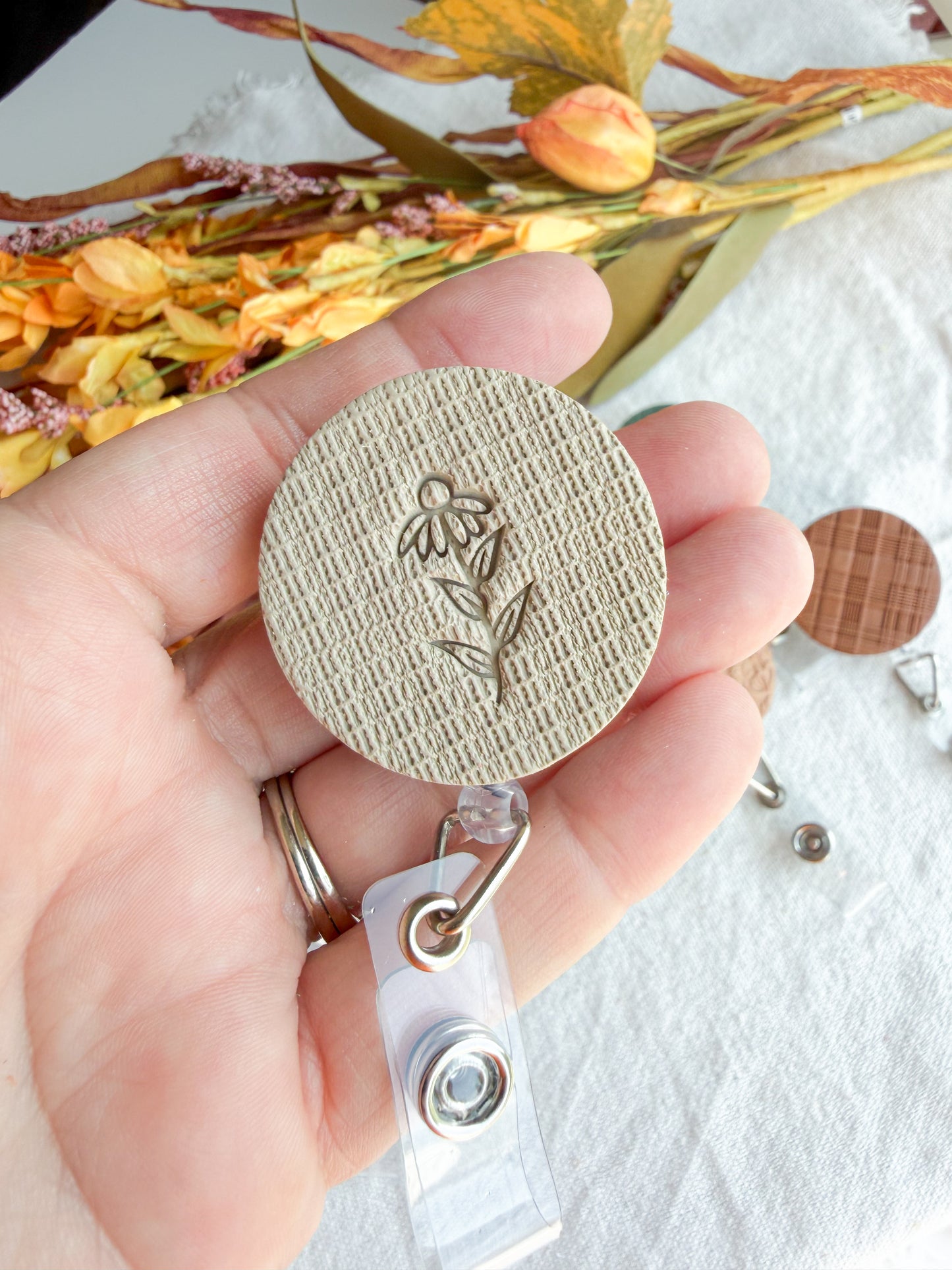 Nature Themed Polymer Clay ID Badge Reel: Nurse Teacher Autumn Colors