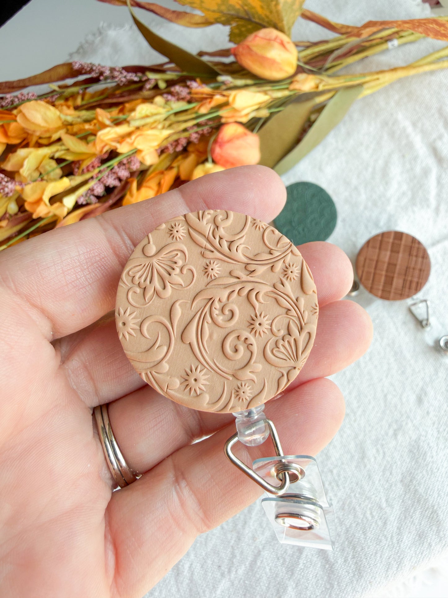 Nature Themed Polymer Clay ID Badge Reel: Nurse Teacher Autumn Colors