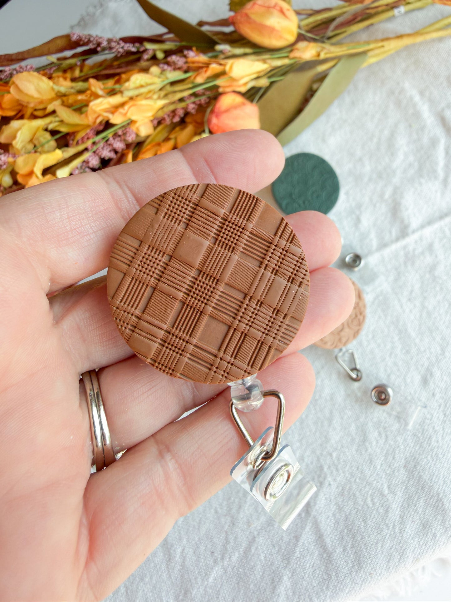 Nature Themed Polymer Clay ID Badge Reel: Nurse Teacher Autumn Colors