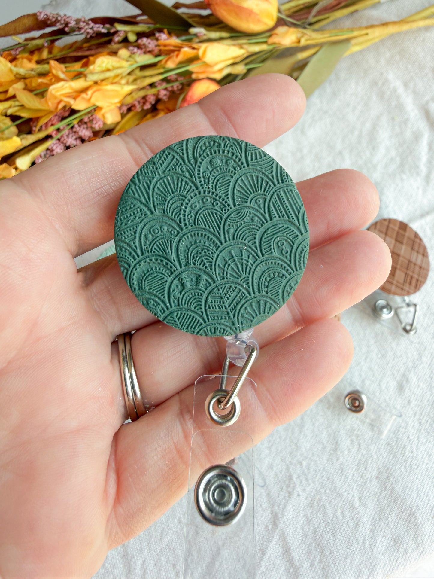 Nature Themed Polymer Clay ID Badge Reel: Nurse Teacher Autumn Colors