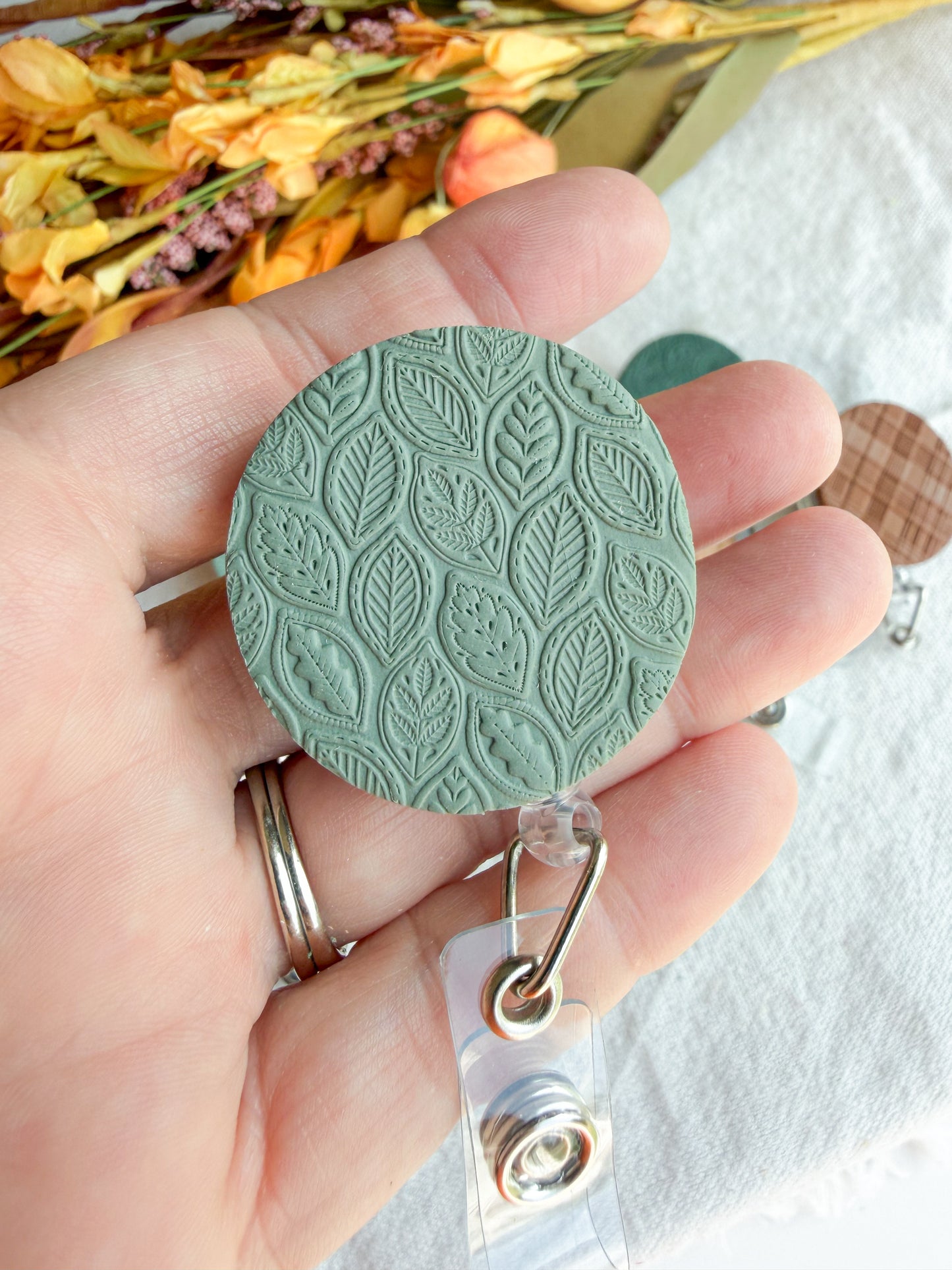 Nature Themed Polymer Clay ID Badge Reel: Nurse Teacher Autumn Colors