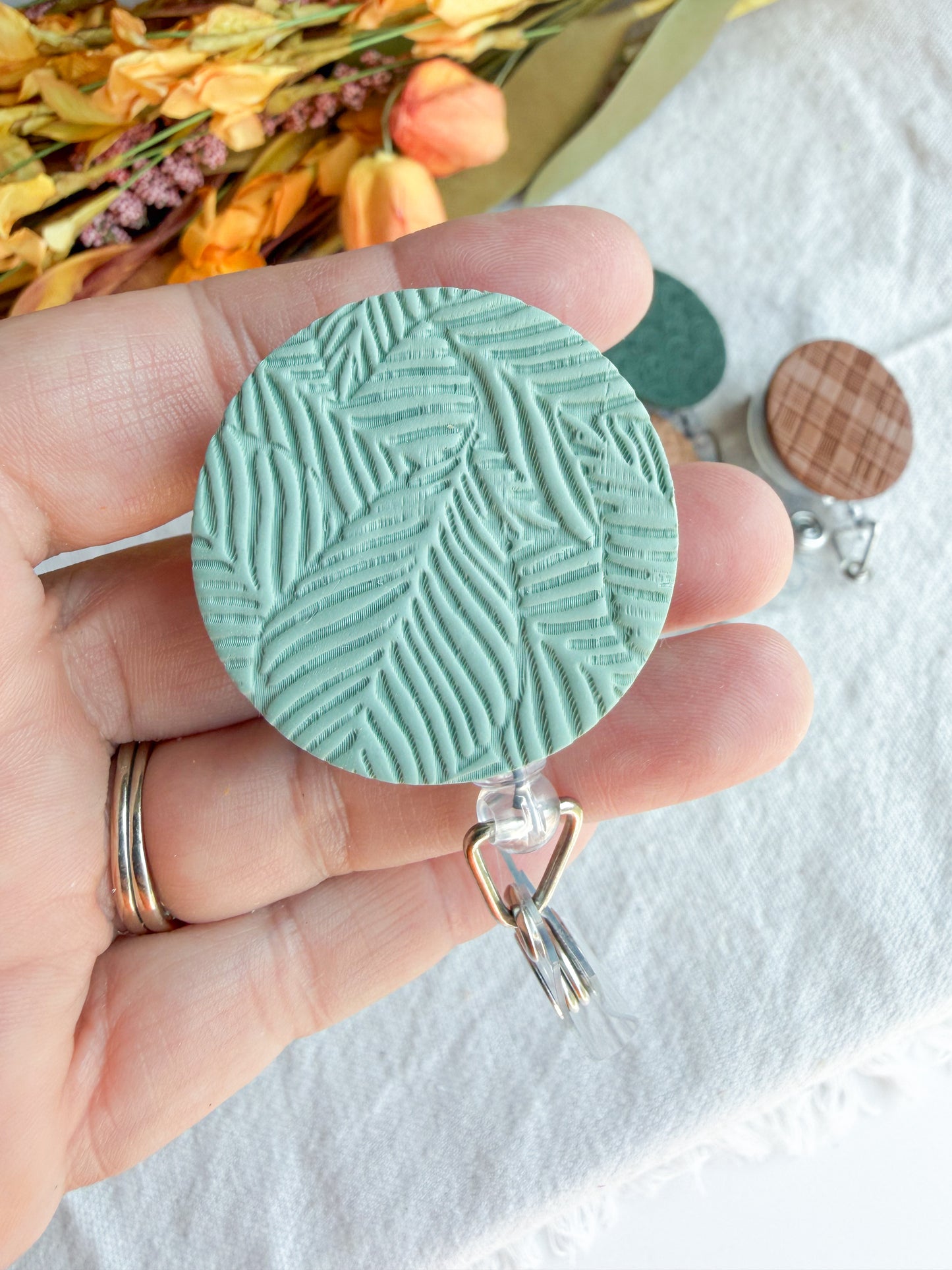 Nature Themed Polymer Clay ID Badge Reel: Nurse Teacher Autumn Colors