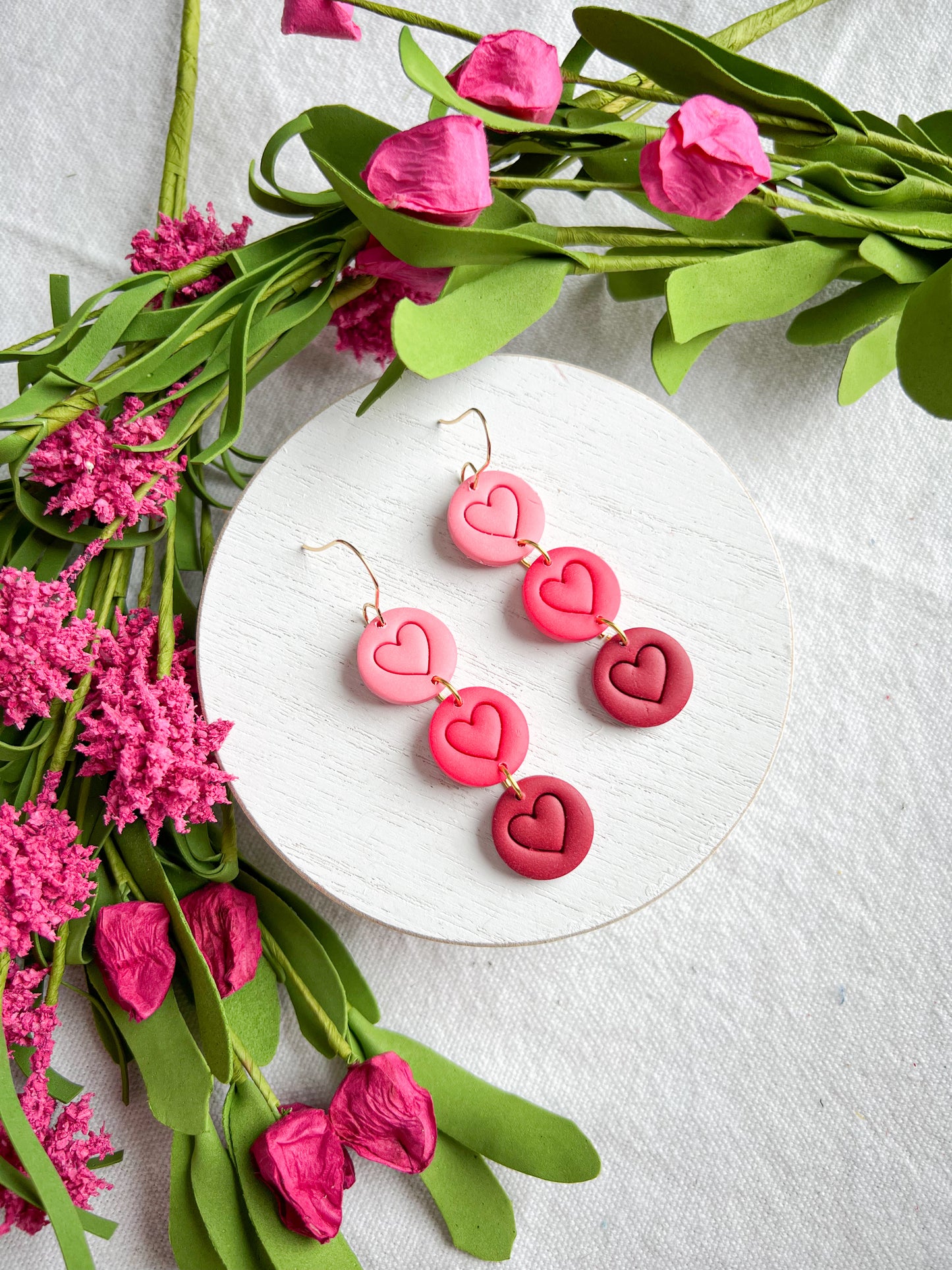 3 Tiered Ombre Pink Heart Polymer Clay Dangles