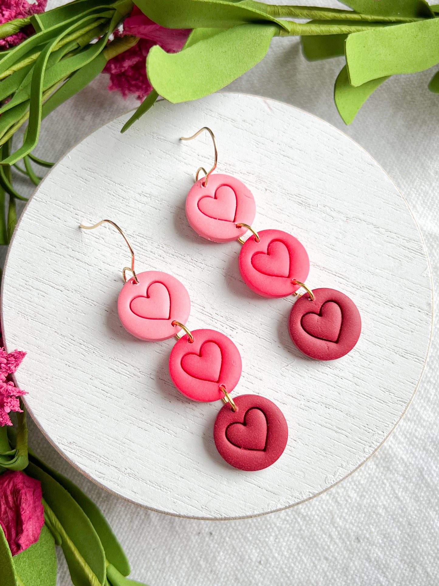 3 Tiered Ombre Pink Heart Polymer Clay Dangles