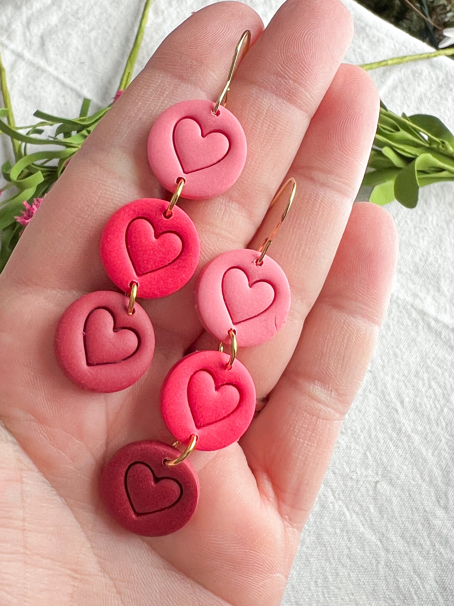 3 Tiered Ombre Pink Heart Polymer Clay Dangles