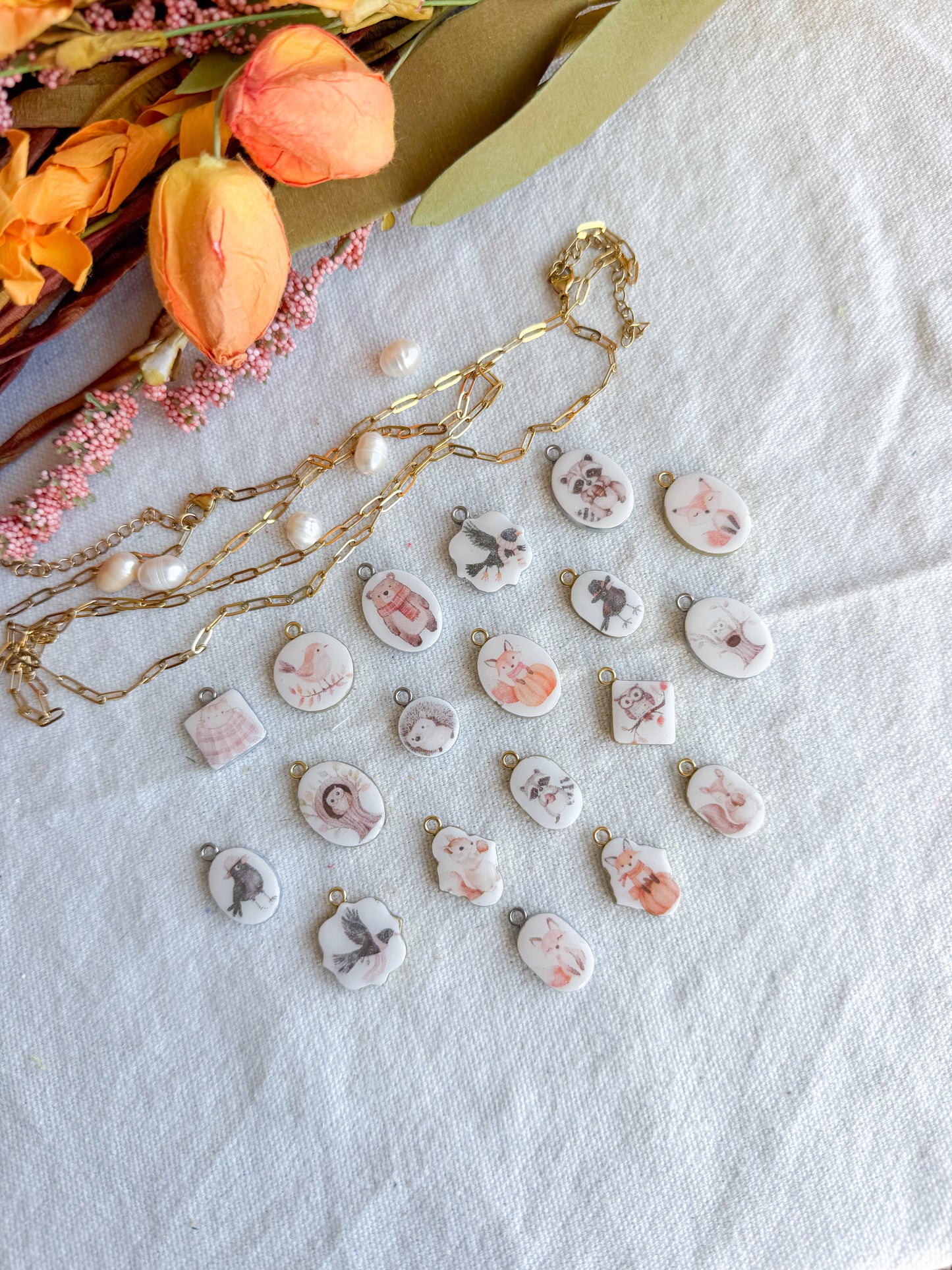 Fall Woodland Animal Transfer Paper Designed Polymer Clay Jewelry Charms