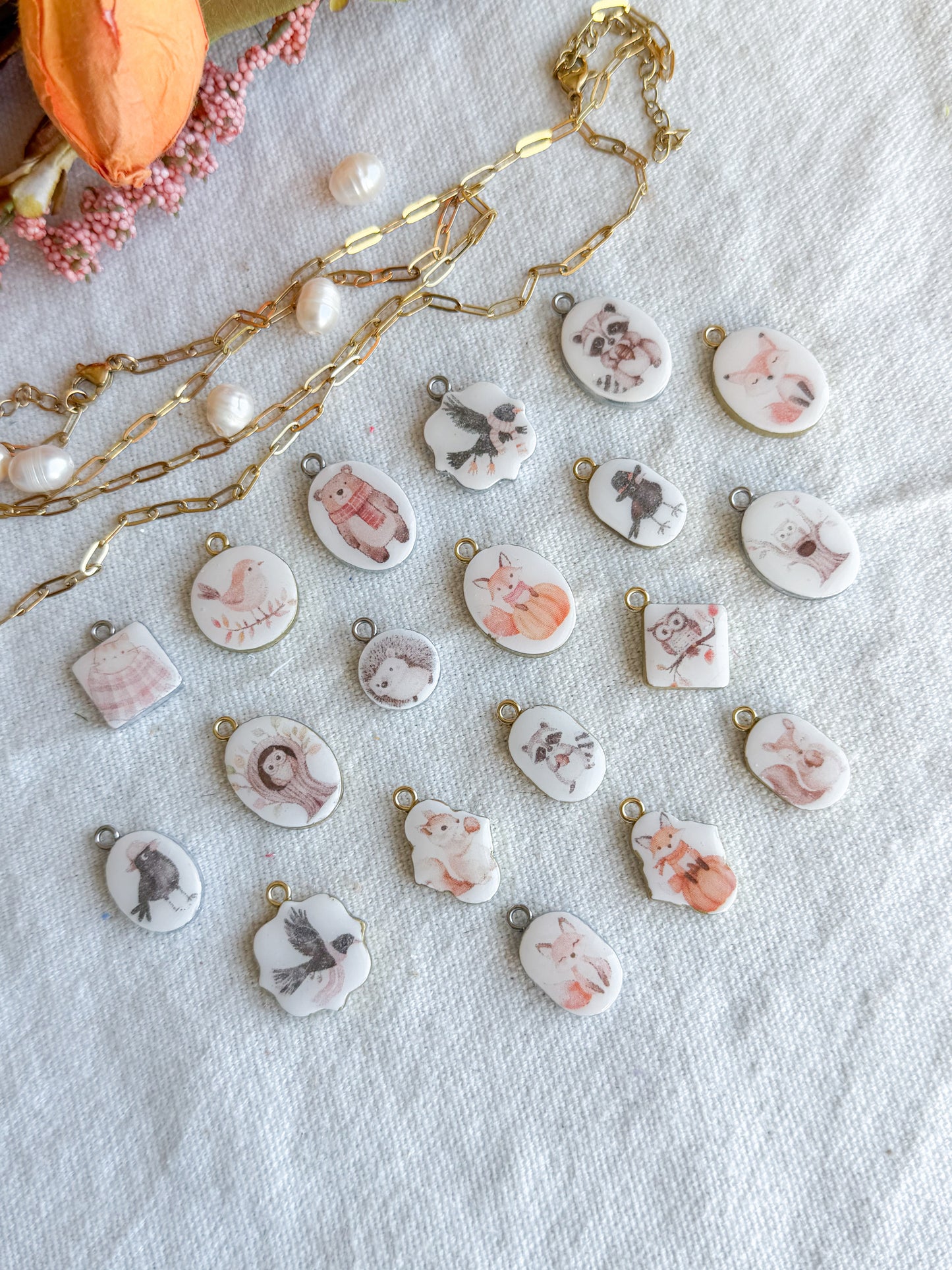 Fall Woodland Animal Transfer Paper Designed Polymer Clay Jewelry Charms