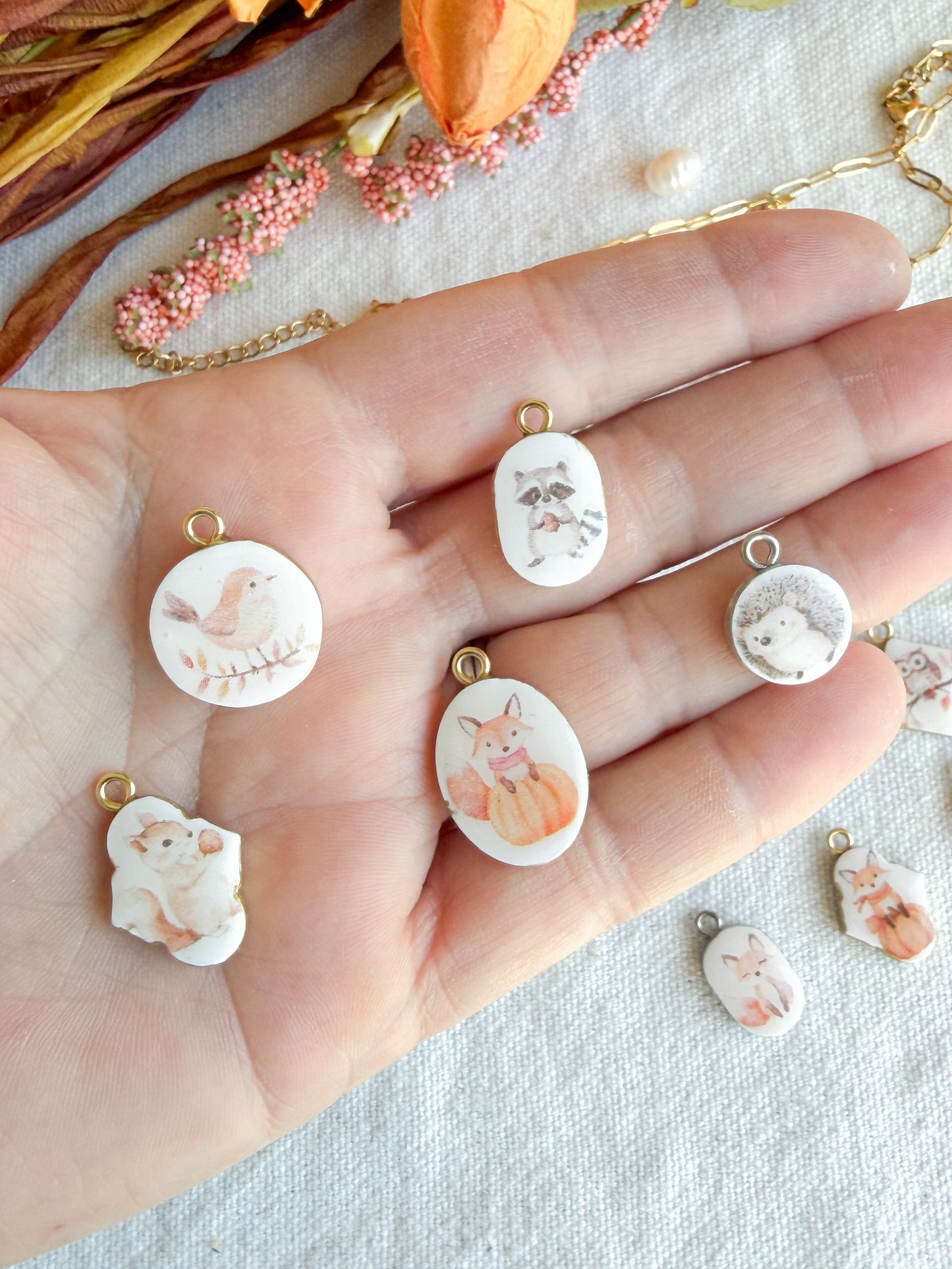 Fall Woodland Animal Transfer Paper Designed Polymer Clay Jewelry Charms