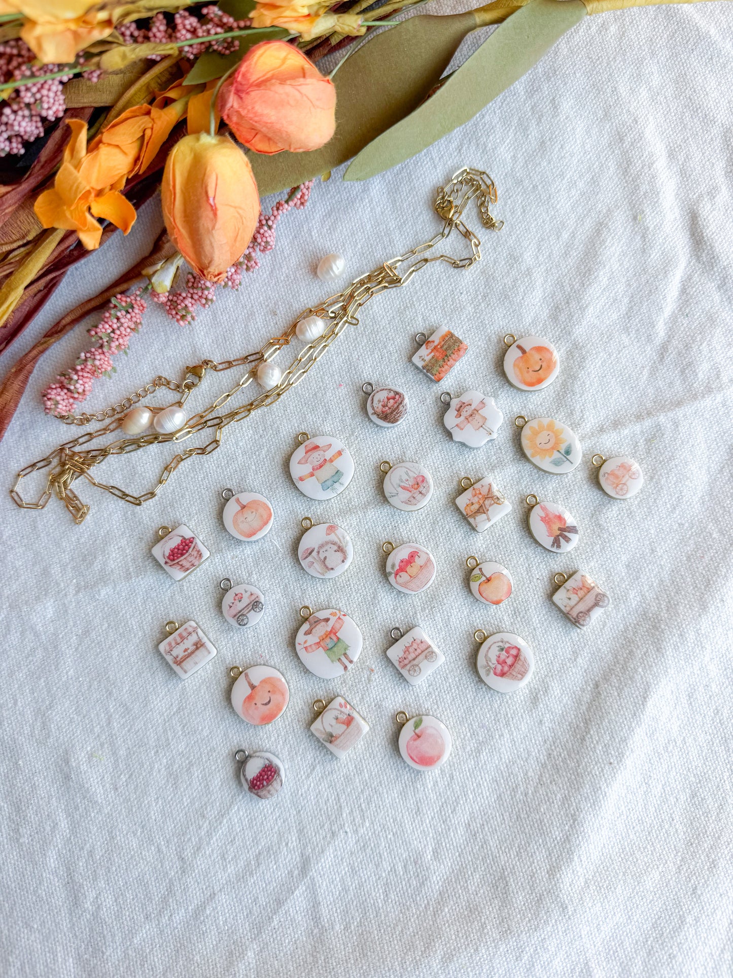Fall Farmers Market Themed Transfer Paper Designed Polymer Clay Jewelry Charms