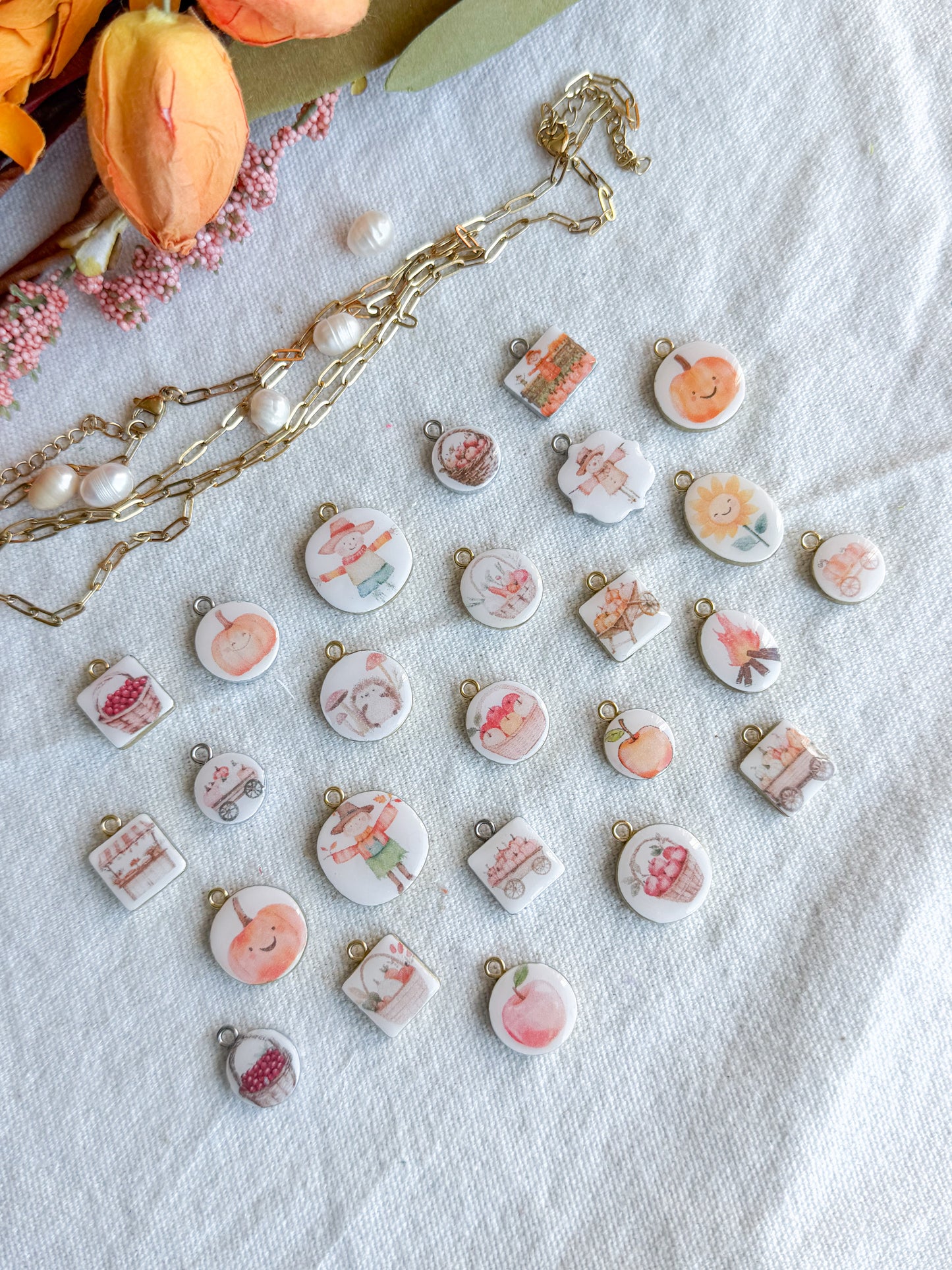 Fall Farmers Market Themed Transfer Paper Designed Polymer Clay Jewelry Charms