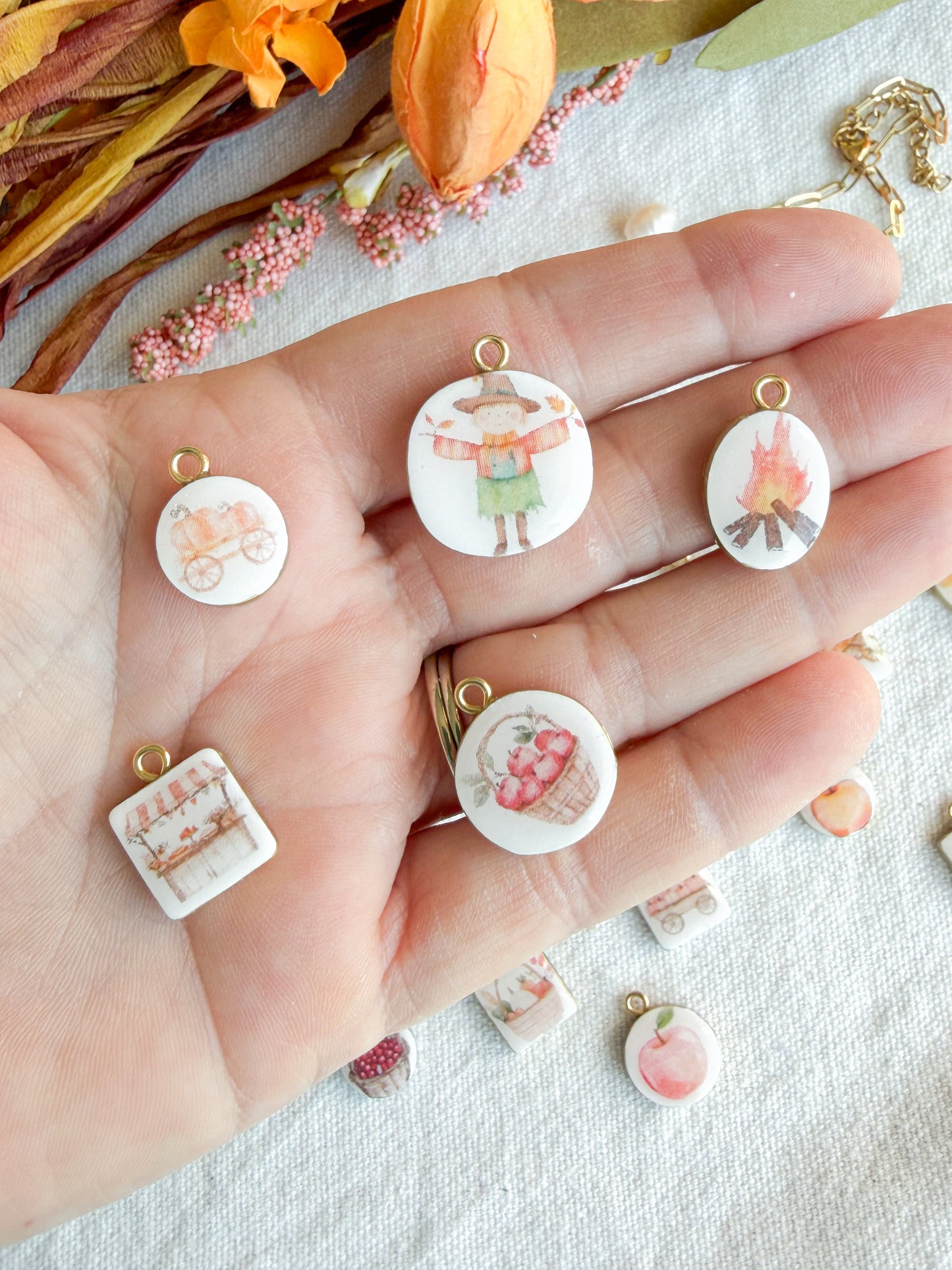 Fall Farmers Market Themed Transfer Paper Designed Polymer Clay Jewelry Charms