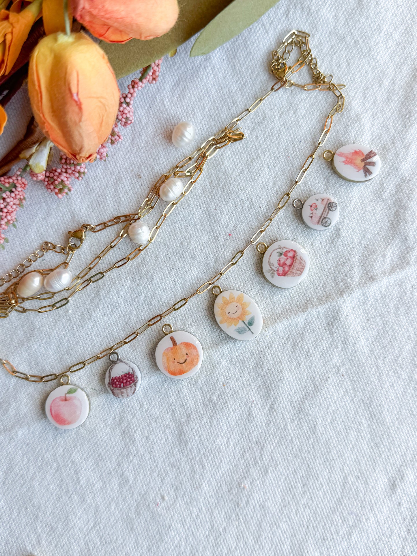 Fall Farmers Market Themed Transfer Paper Designed Polymer Clay Jewelry Charms