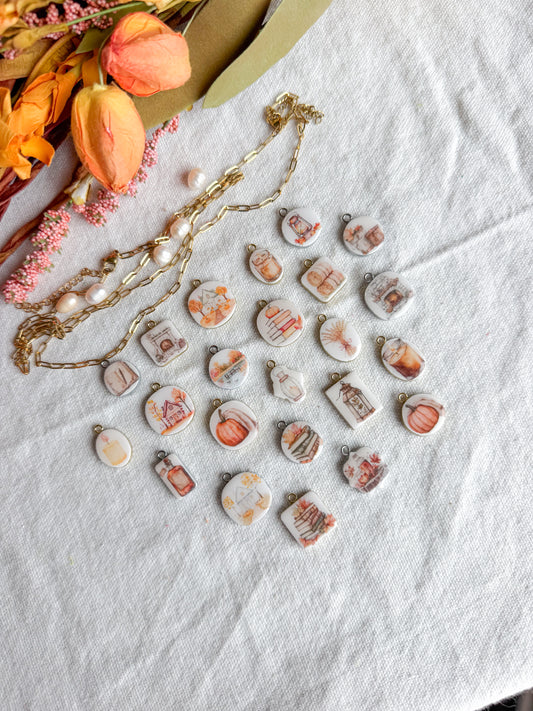Fall Cottagecore Themed Transfer Paper Designed Polymer Clay Jewelry Charms