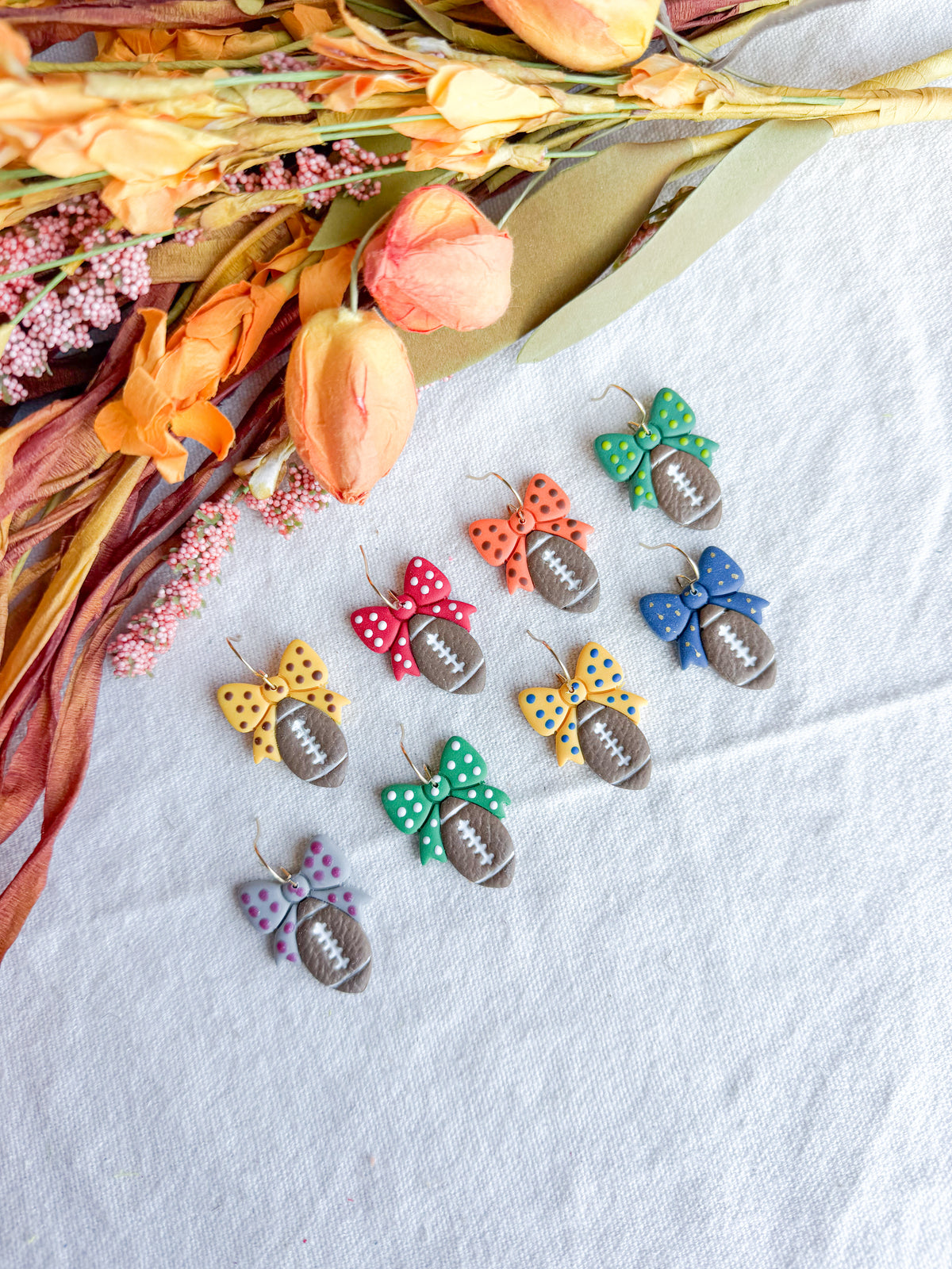 Football Bow Game Day Sports Mom Polymer Clay Earrings