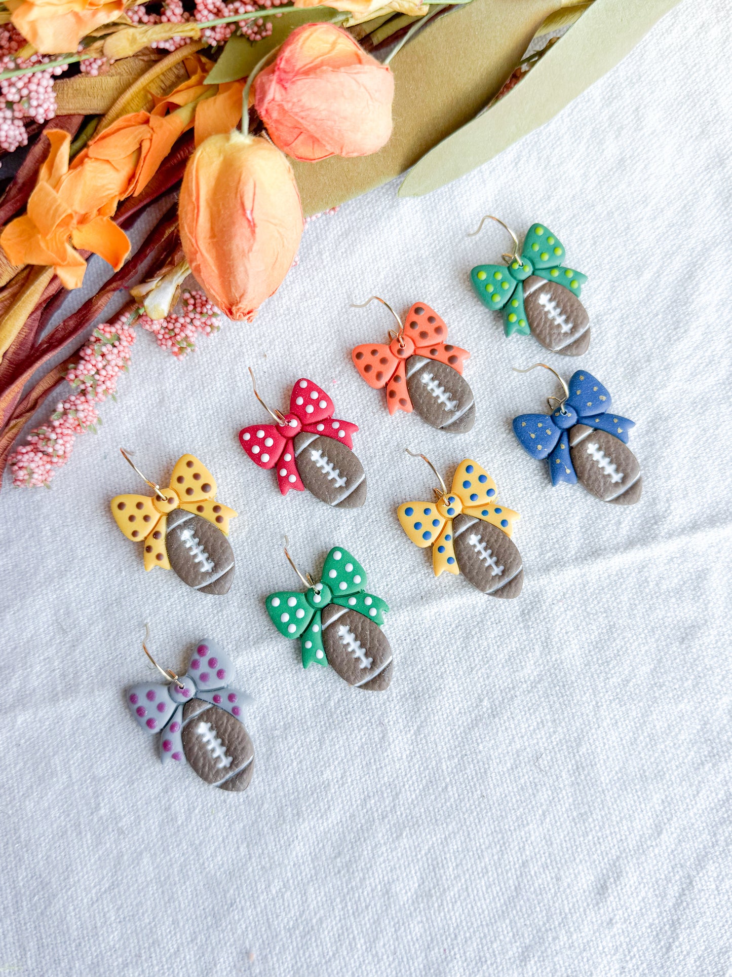 Football Bow Game Day Sports Mom Polymer Clay Earrings
