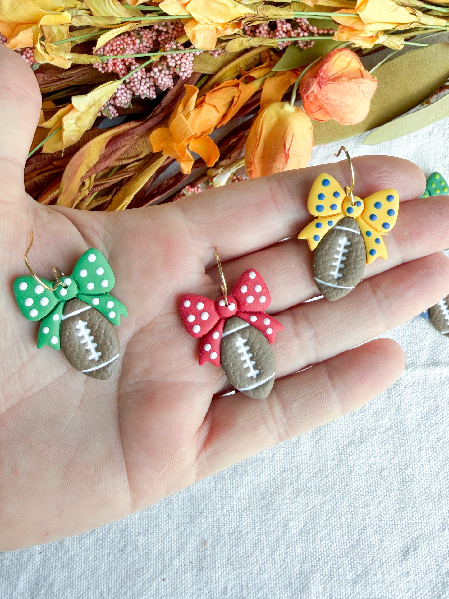 Football Bow Game Day Sports Mom Polymer Clay Earrings