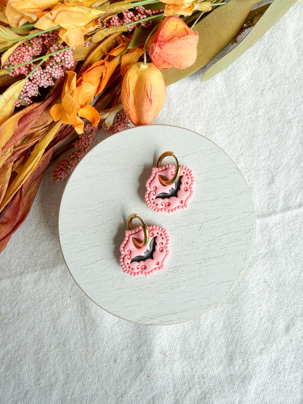 Spooky Pink Girly Bat Halloween Polymer Clay Dangles | Fall Earrings | Halloween Earrings