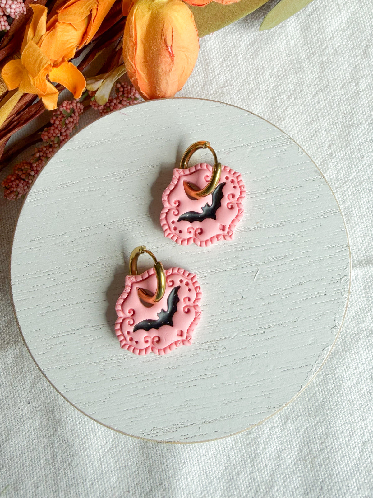 Spooky Pink Girly Bat Halloween Polymer Clay Dangles | Fall Earrings | Halloween Earrings