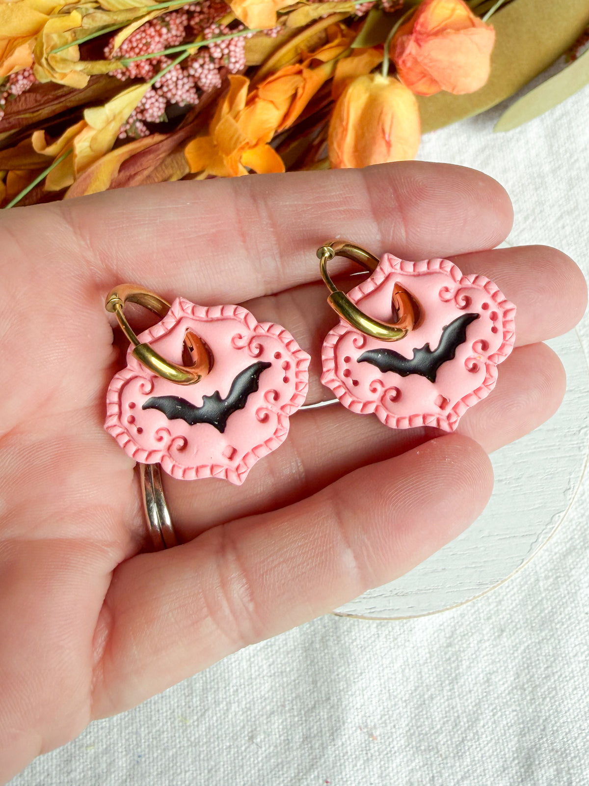 Spooky Pink Girly Bat Halloween Polymer Clay Dangles | Fall Earrings | Halloween Earrings