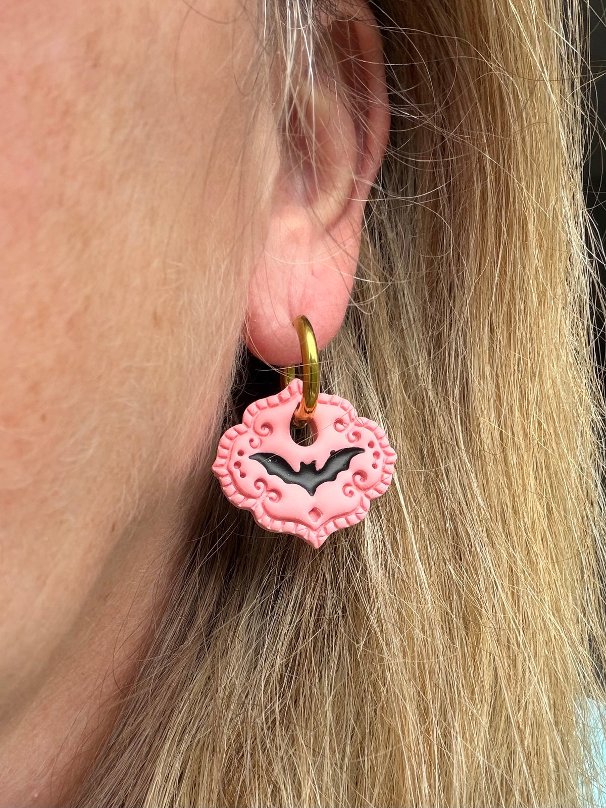 Spooky Pink Girly Bat Halloween Polymer Clay Dangles | Fall Earrings | Halloween Earrings