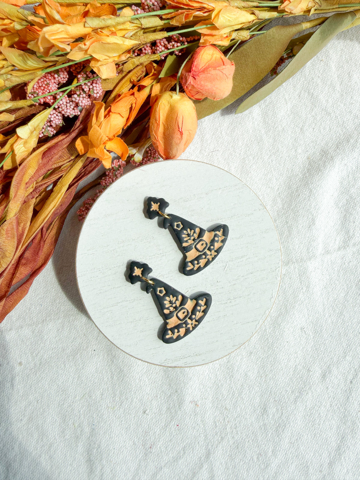 Folk Art Witch's Hat Polymer Clay Dangles | Halloween Earrings