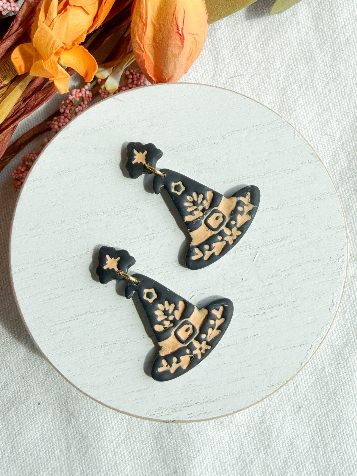 Folk Art Witch's Hat Polymer Clay Dangles | Halloween Earrings