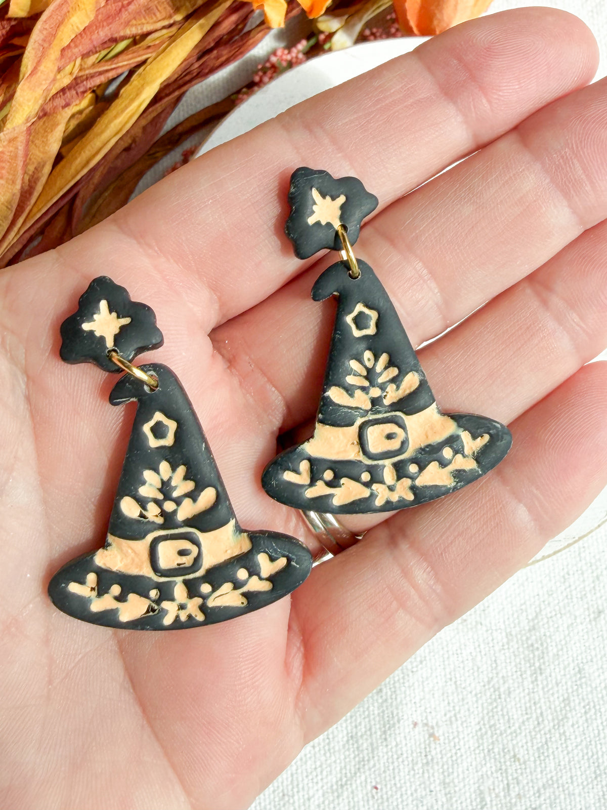 Folk Art Witch's Hat Polymer Clay Dangles | Halloween Earrings