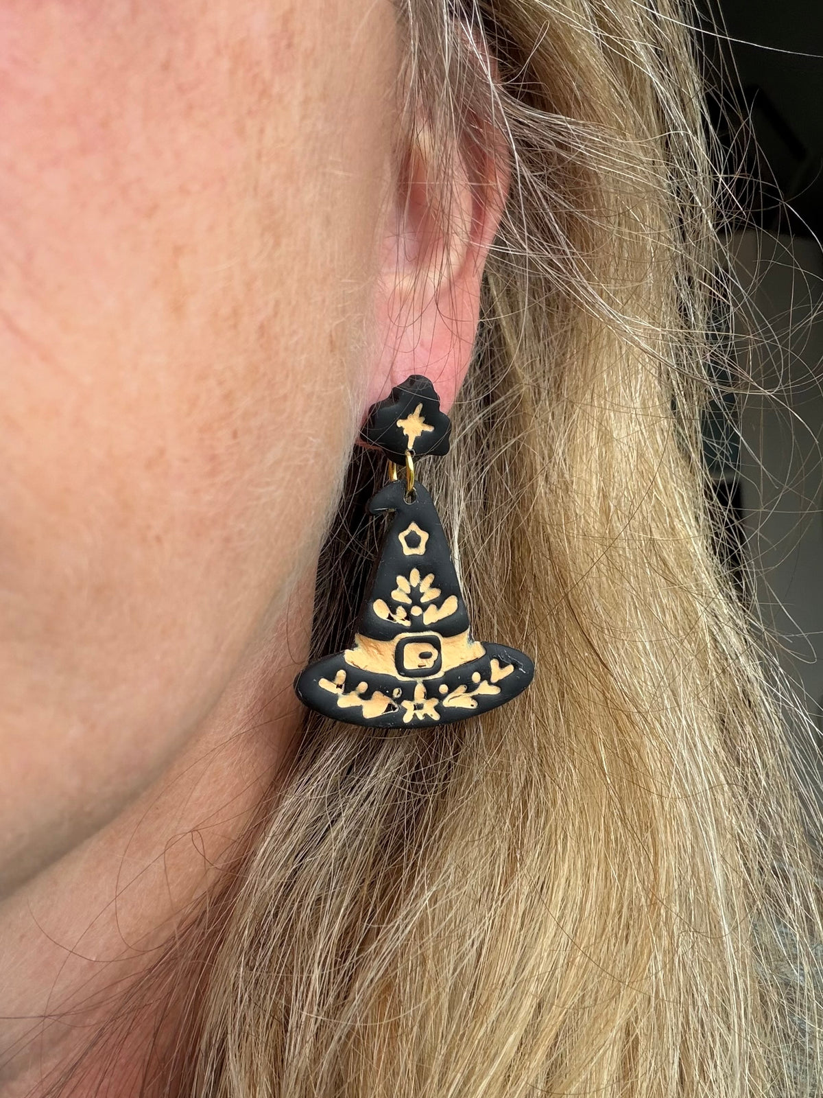 Folk Art Witch's Hat Polymer Clay Dangles | Halloween Earrings