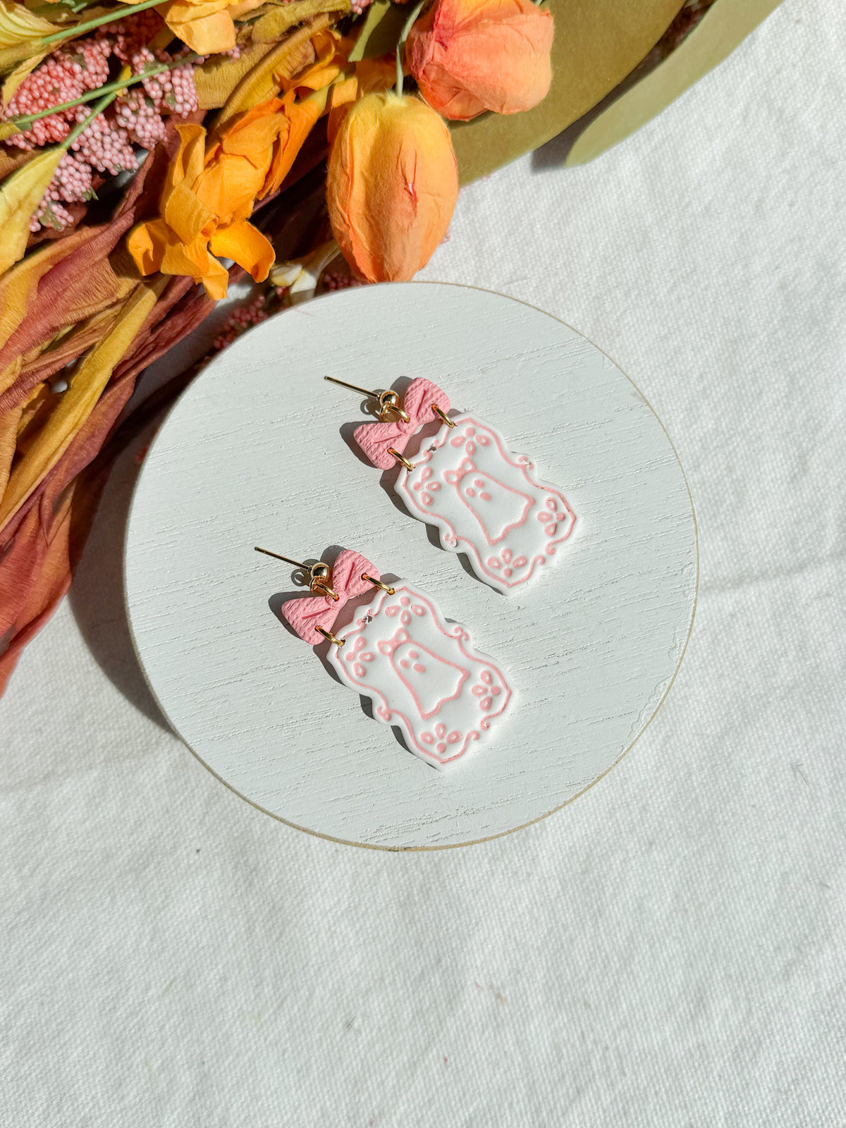 Girly Pink Bow Ghost Halloween Polymer Clay Dangles | Fall Earrings