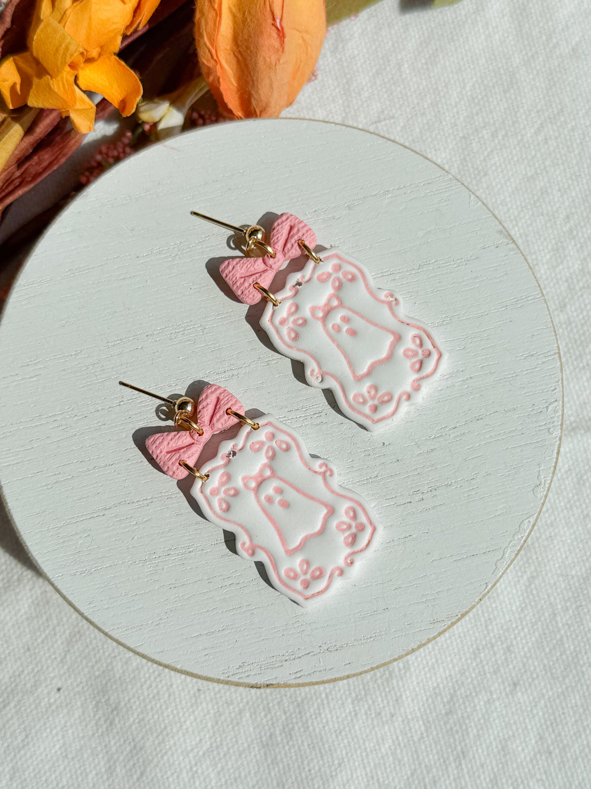 Girly Pink Bow Ghost Halloween Polymer Clay Dangles | Fall Earrings